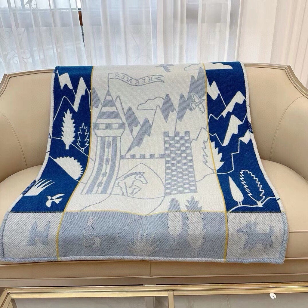 HERMES AVALON EPOPEE BLANKET 140 CM IN COBALT BLUE WOOL AND CASERE 415188