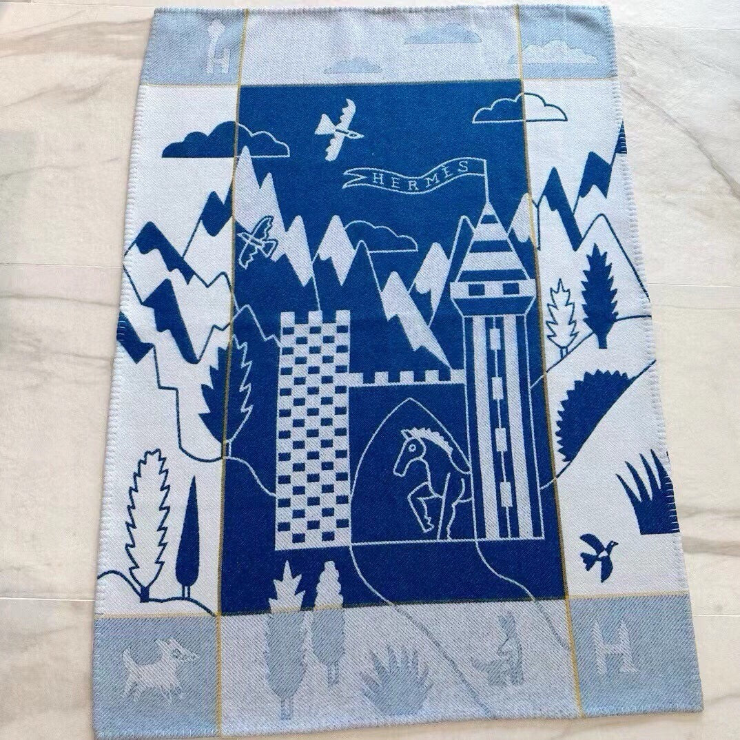 HERMES AVALON EPOPEE BLANKET 140 CM IN COBALT BLUE WOOL AND CASERE 415188