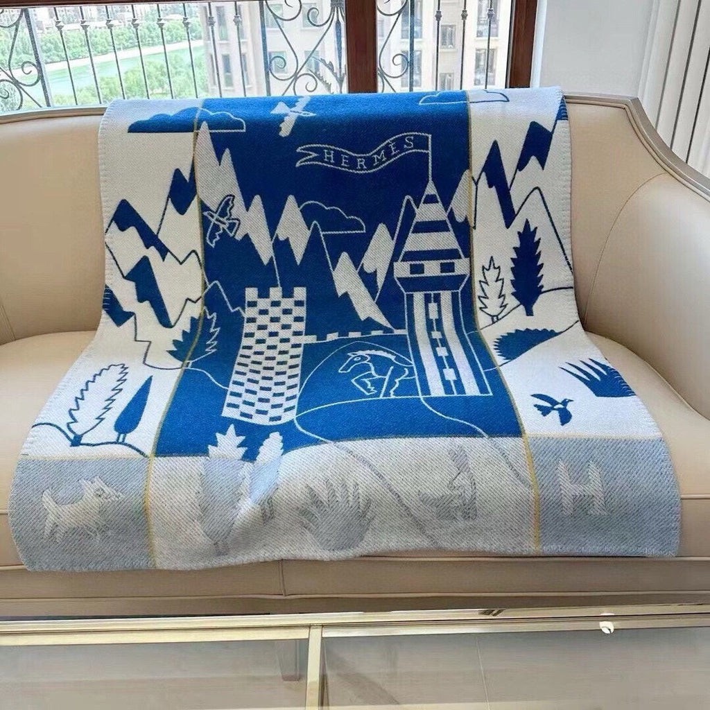 HERMES AVALON EPOPEE BLANKET 140 CM IN COBALT BLUE WOOL AND CASERE 415188