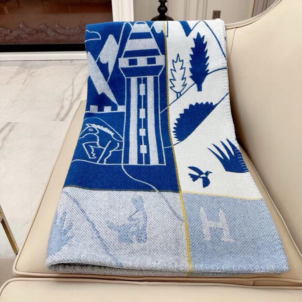 HERMES AVALON EPOPEE BLANKET 140 CM IN COBALT BLUE WOOL AND CASERE 415188
