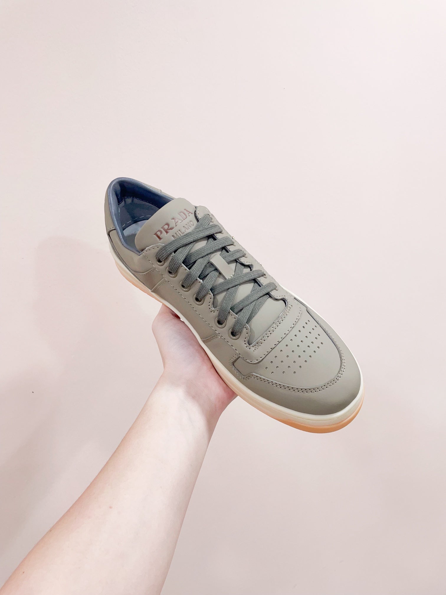 PRADA DOWNTOWN PATENT SNEAKERS LAUREL CALFSKIN