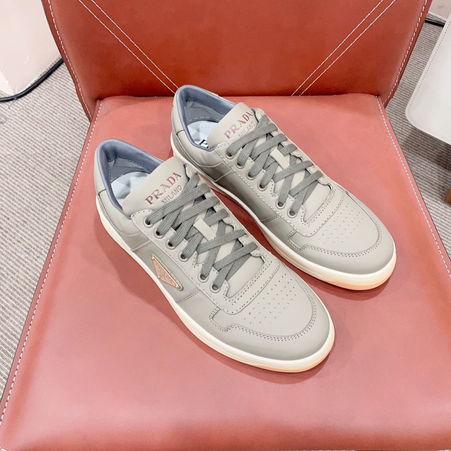 PRADA DOWNTOWN PATENT SNEAKERS LAUREL CALFSKIN