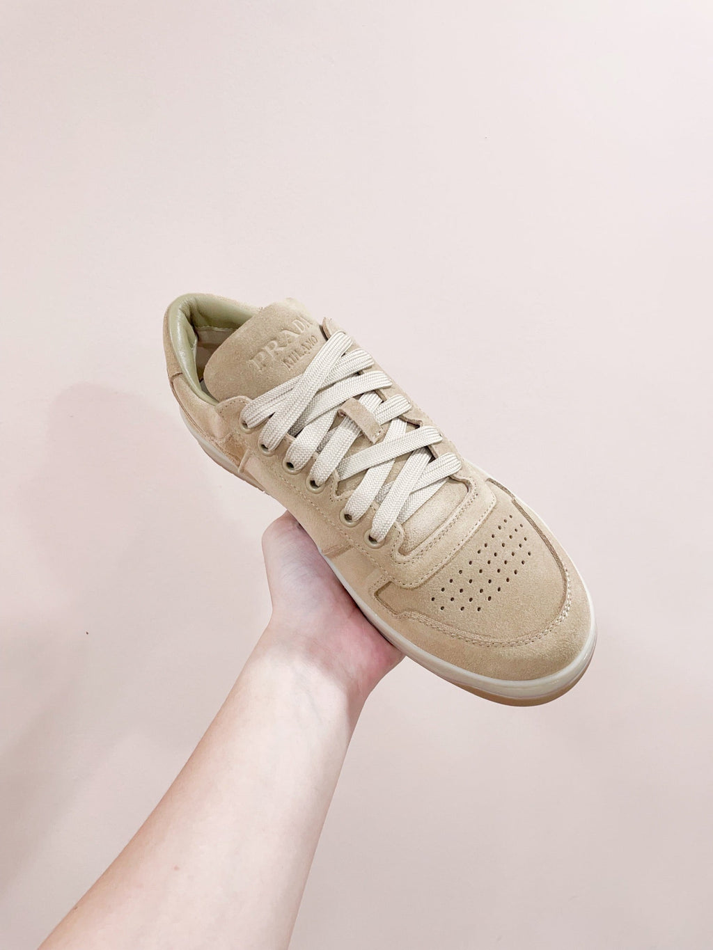 PRADA DOWNTOWN PERFORATED SNEAKERS BEIGE SUEDE
