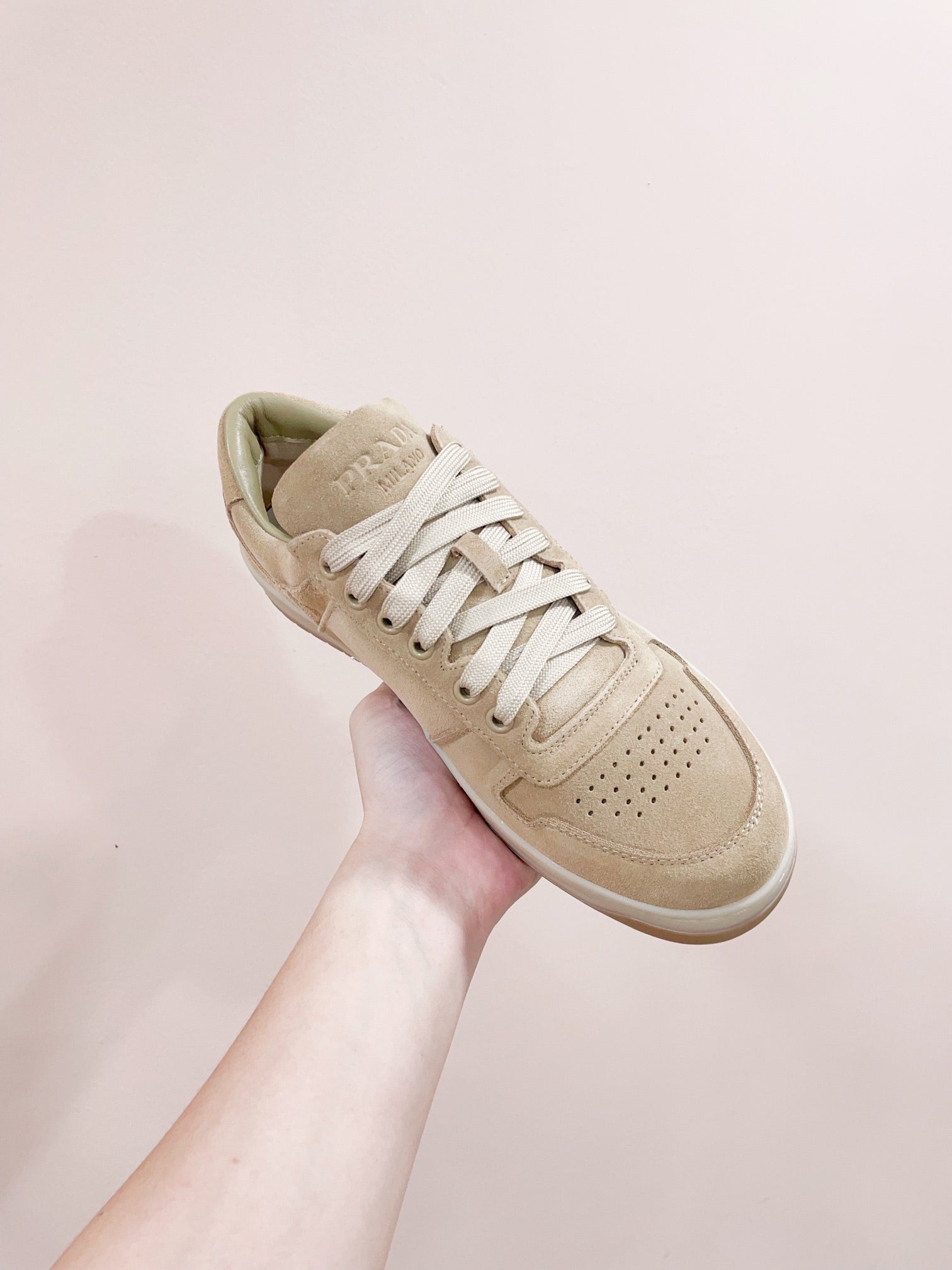 PRADA DOWNTOWN PERFORATED SNEAKERS BEIGE SUEDE