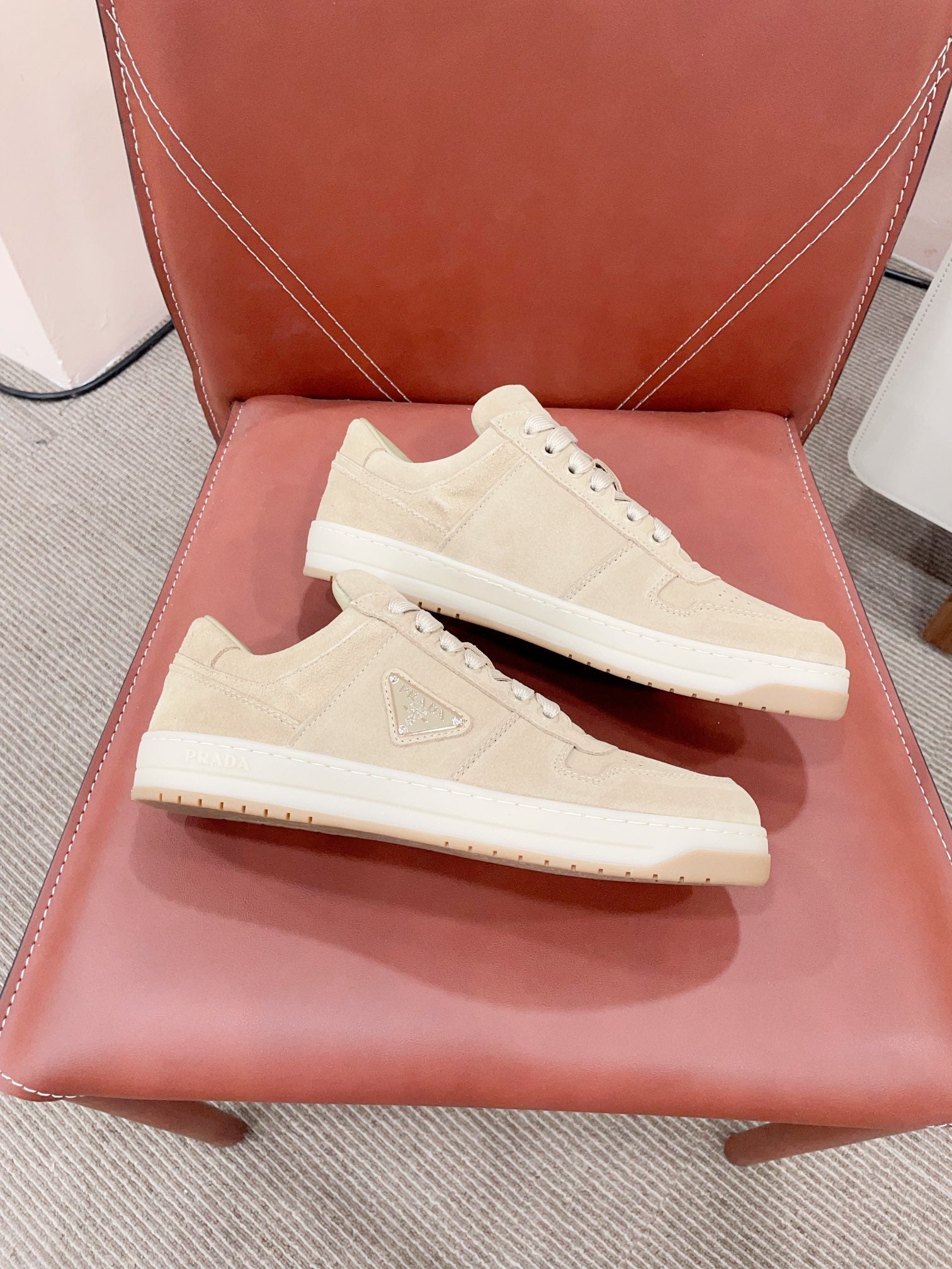 PRADA DOWNTOWN PERFORATED SNEAKERS BEIGE SUEDE