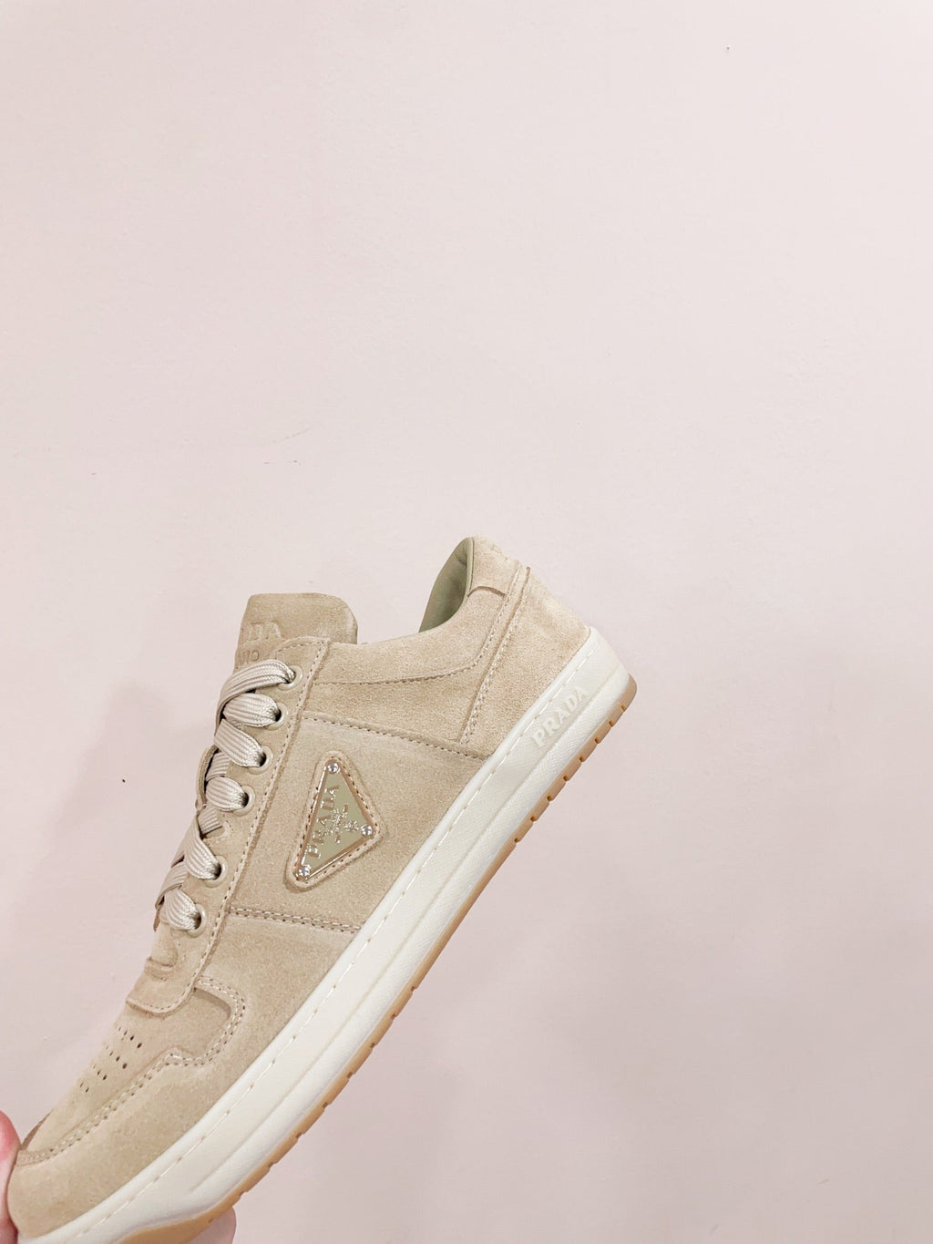 PRADA DOWNTOWN PERFORATED SNEAKERS BEIGE SUEDE