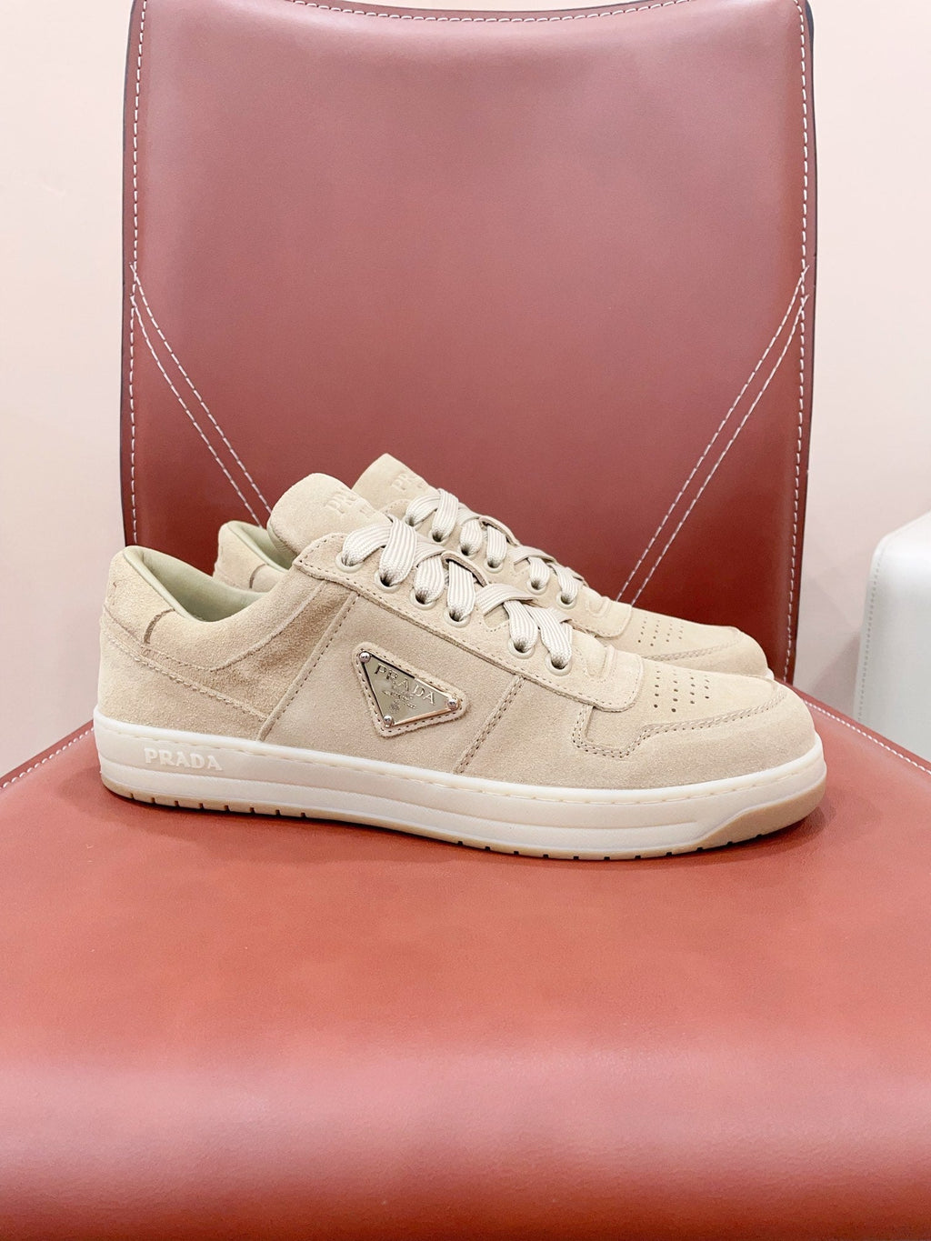 PRADA DOWNTOWN PERFORATED SNEAKERS BEIGE SUEDE