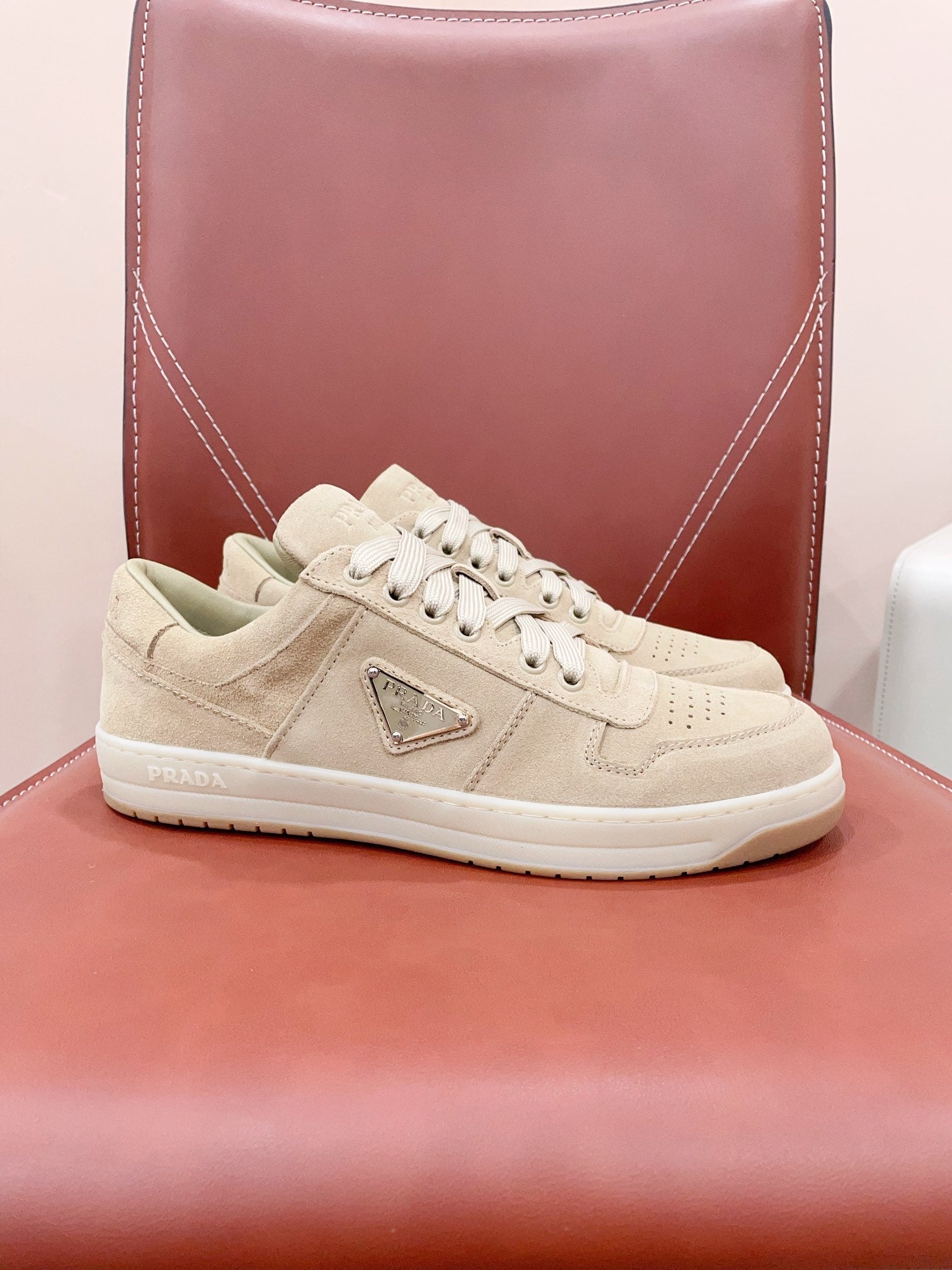 PRADA DOWNTOWN PERFORATED SNEAKERS BEIGE SUEDE