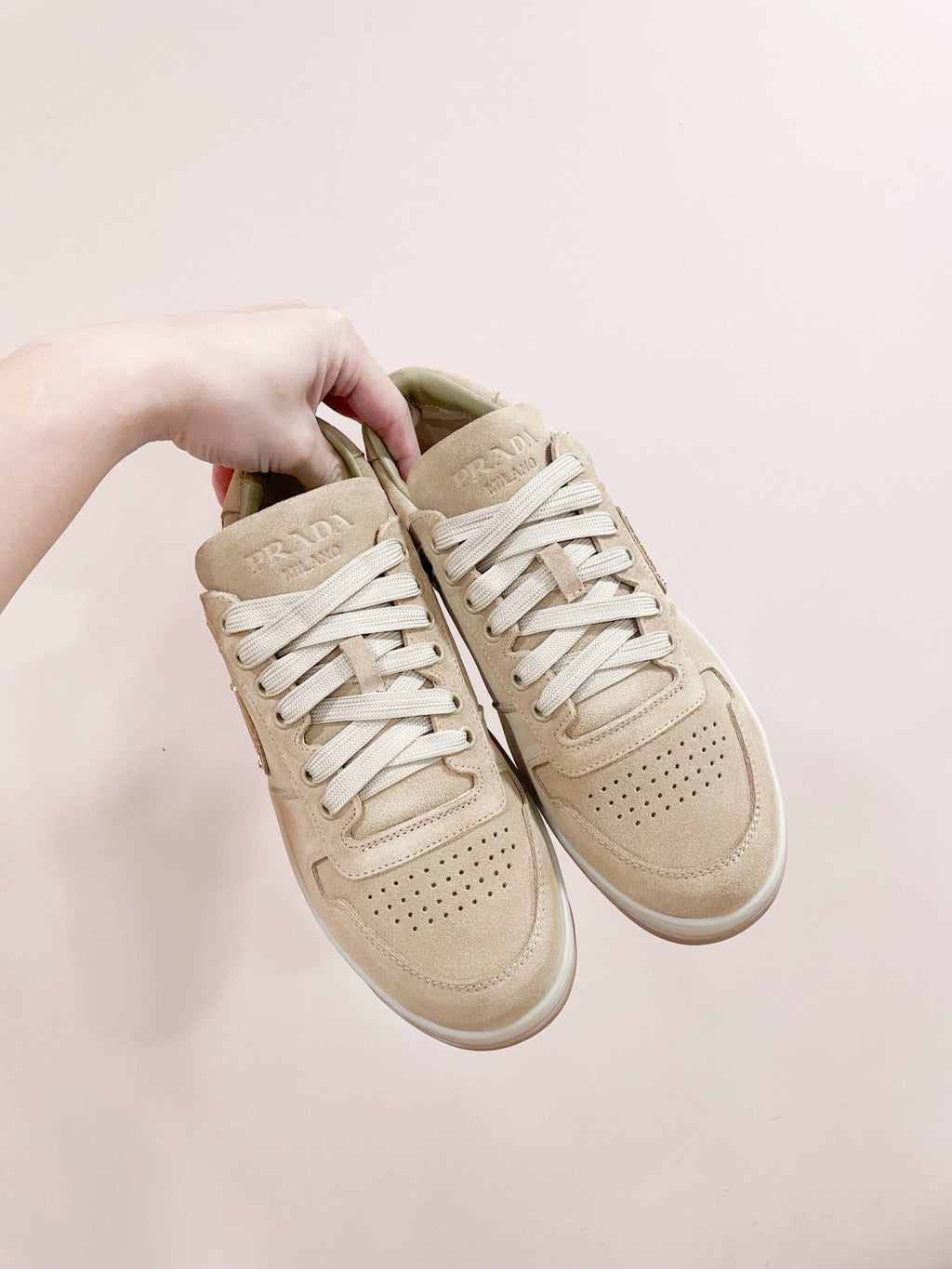 PRADA DOWNTOWN PERFORATED SNEAKERS BEIGE SUEDE
