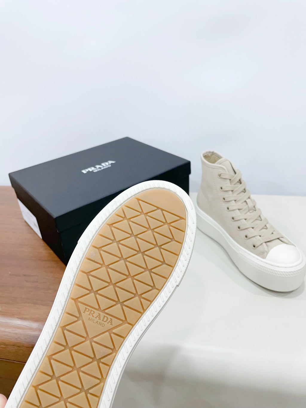PRADA HIGH-TOP SEANKERS IN BEIGE CANVAS