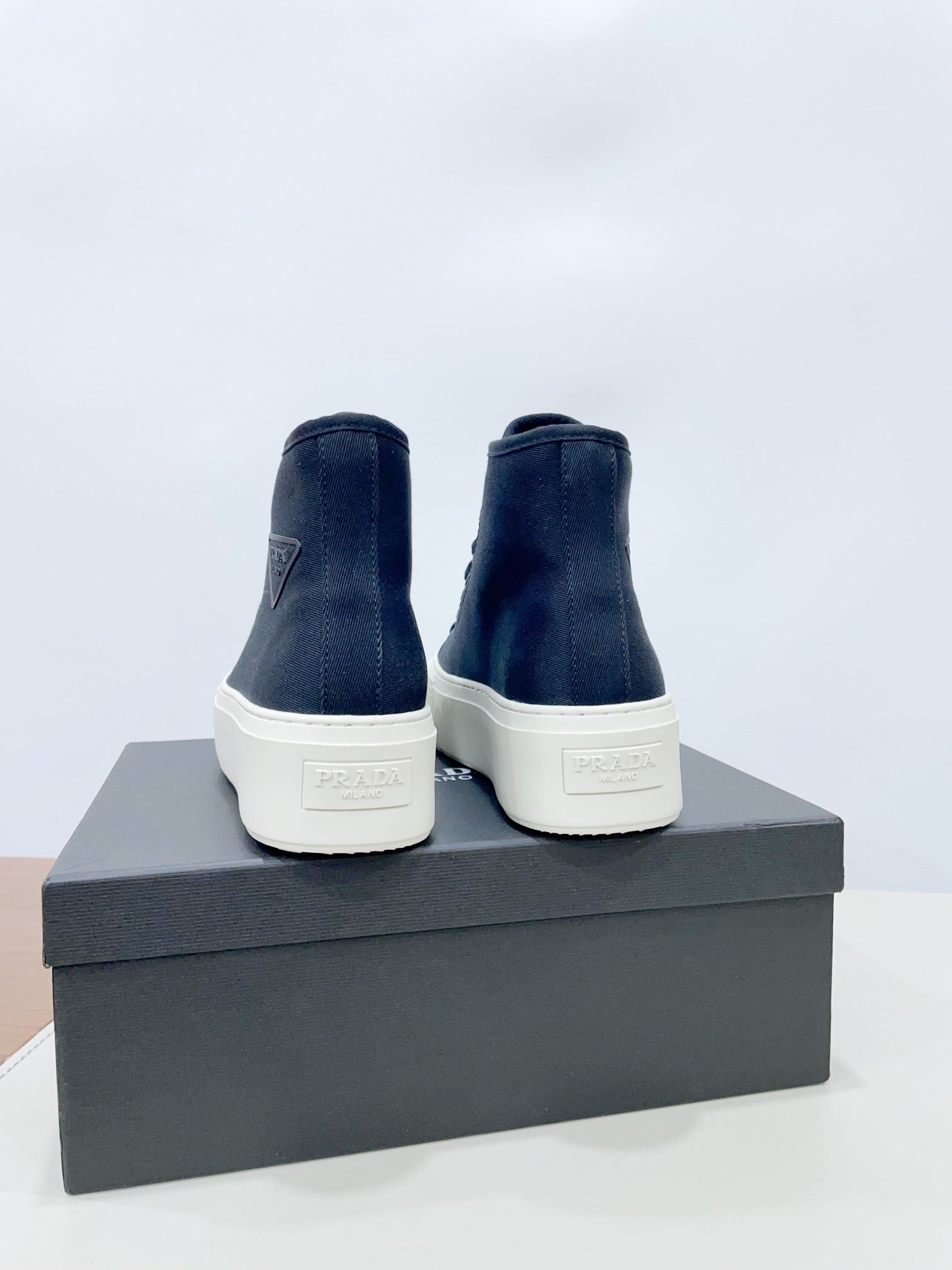 PRADA HIGH-TOP SEANKERS IN SPACE BLUE CANVAS