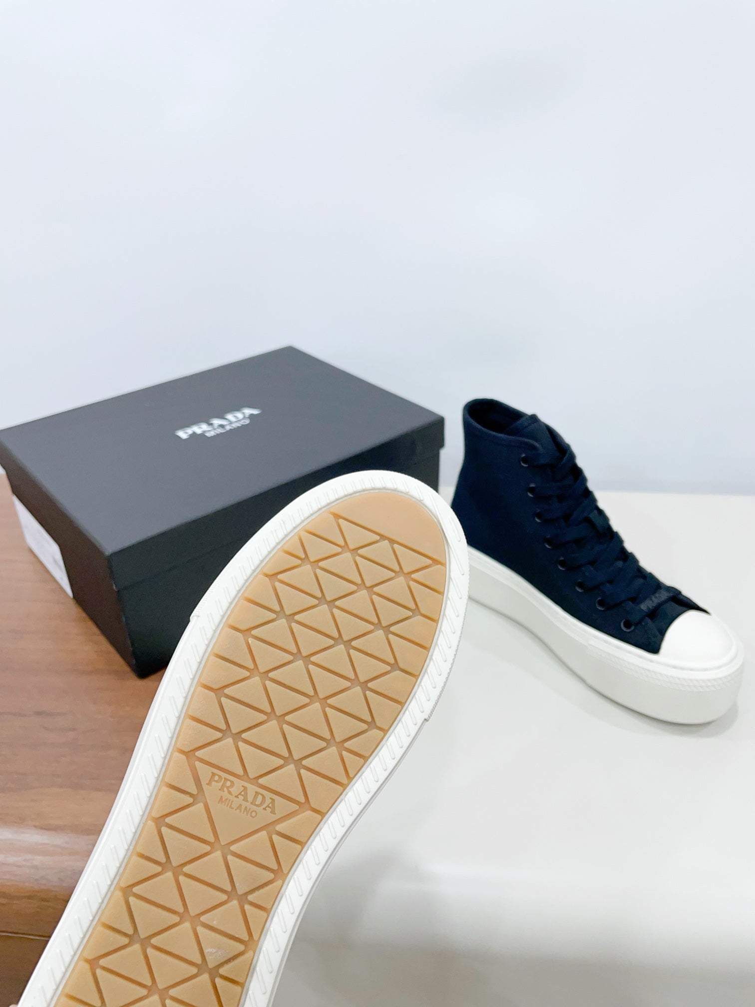 PRADA HIGH-TOP SEANKERS IN SPACE BLUE CANVAS
