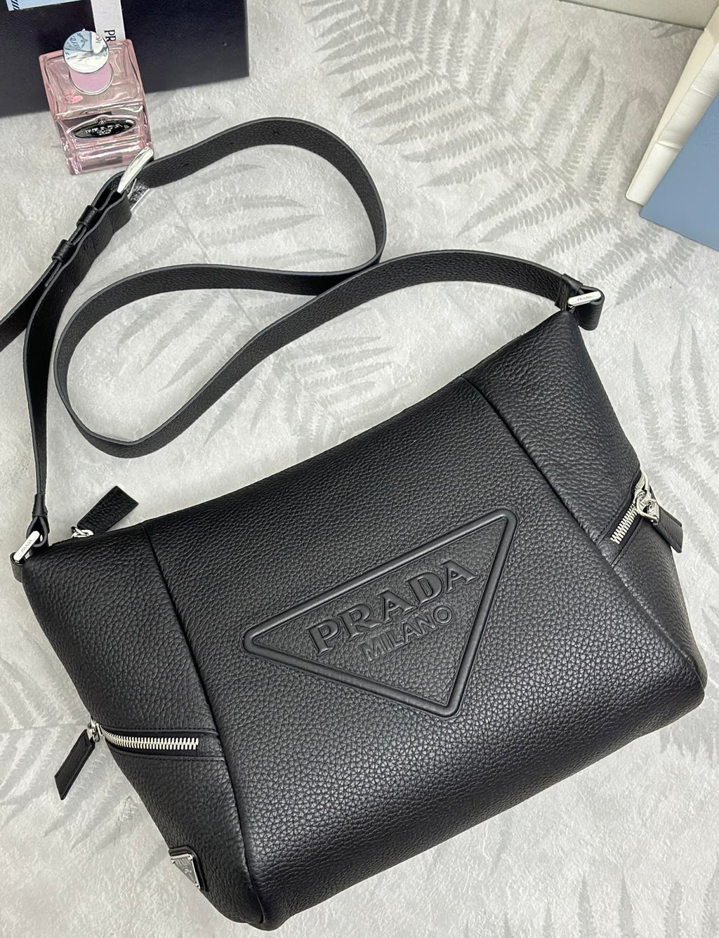 PRADA 25S SHOULDER STRAP BAG 26 IN BLACK CALFSKIN SILVER HARDWARE