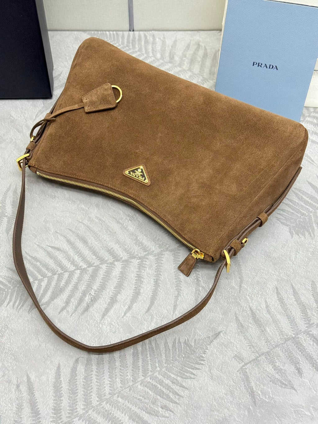 PRADA 25S AIMEE SHOULDER BAG 39 IN BROWN SUEDE