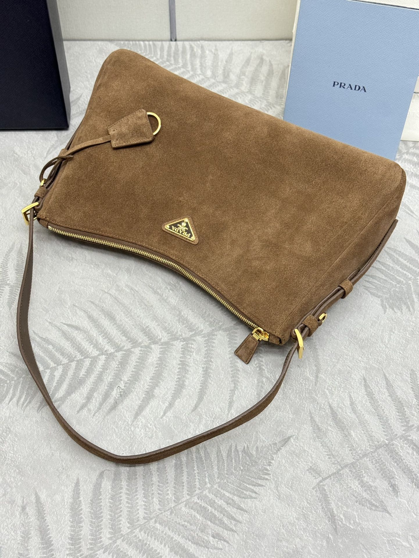 PRADA 25S AIMEE SHOULDER BAG 39 IN BROWN SUEDE