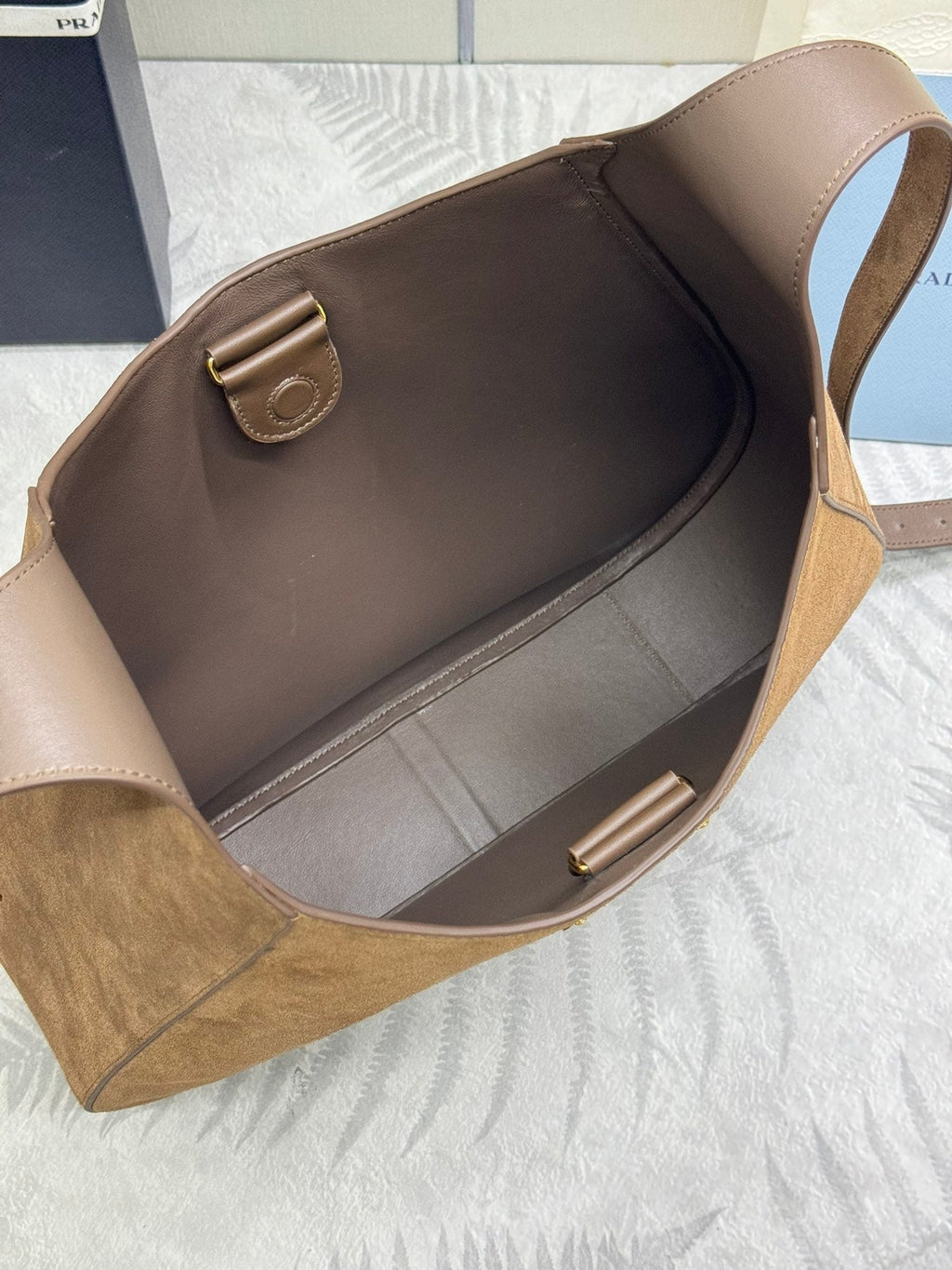 PRADA LARGE SHOULDER BAG 40 IN RUSSET BROWN SUEDE