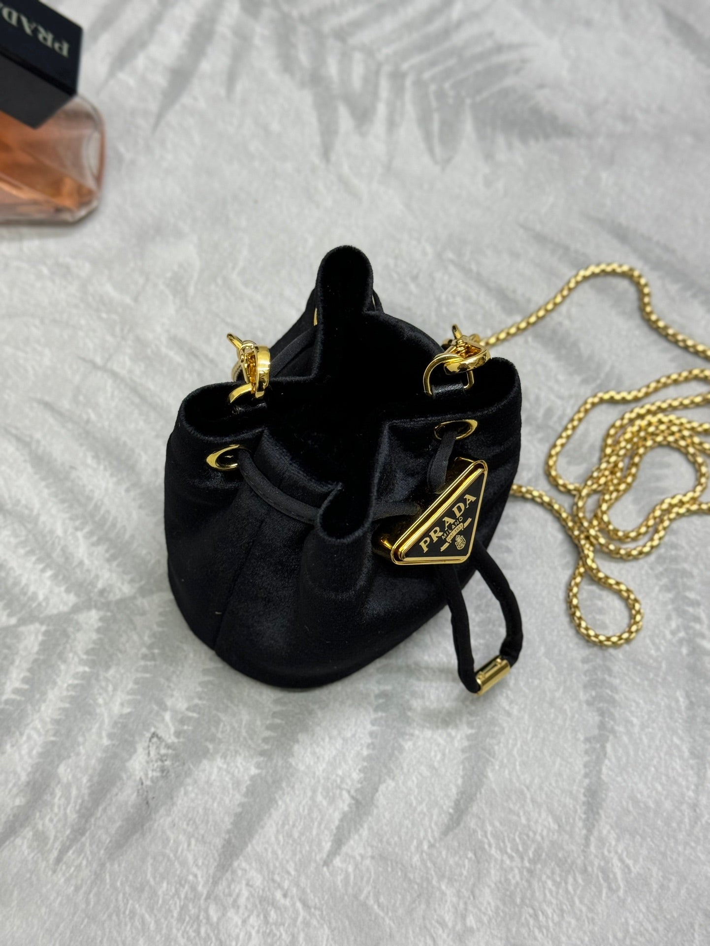 PRADA 25S MINI POUCH 12 IN BLACK VELVET GOLD HARDWRE