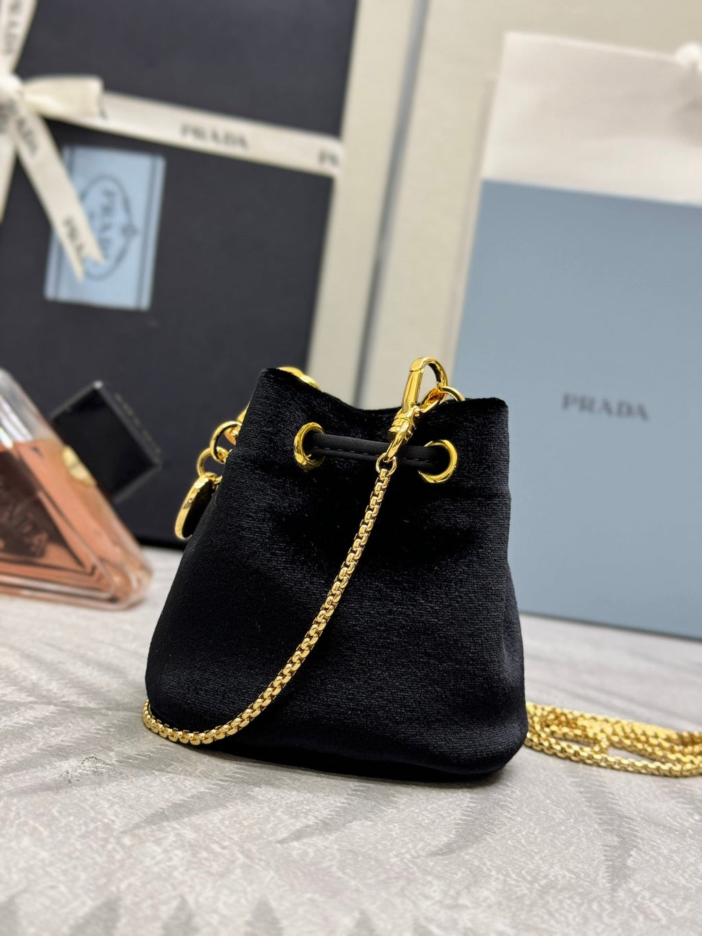 PRADA 25S MINI POUCH 12 IN BLACK VELVET GOLD HARDWARE