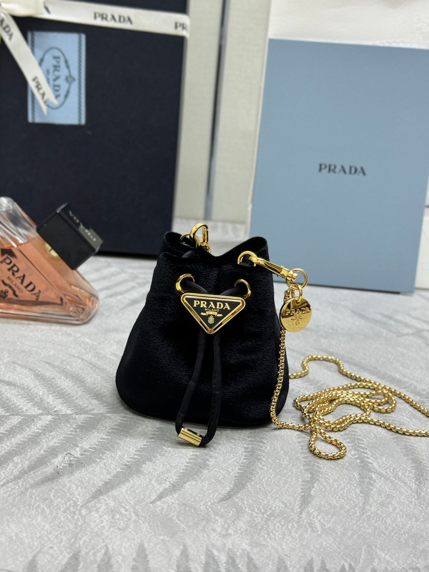 PRADA 25S MINI POUCH 12 IN BLACK VELVET GOLD HARDWRE