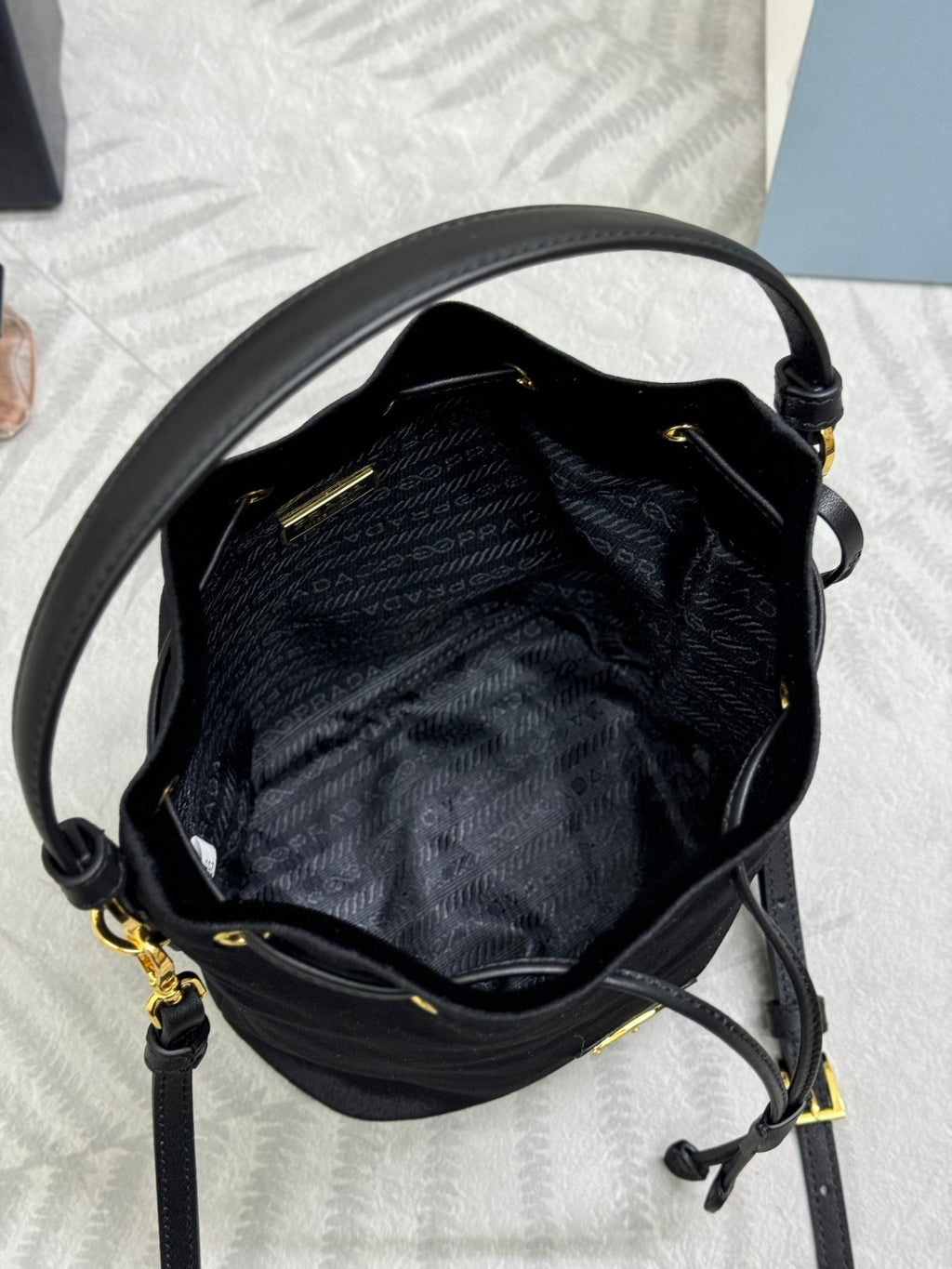 PRADA 25S BUCKET BAG 19 IN BLACK VELVET GOLD HARDWRE