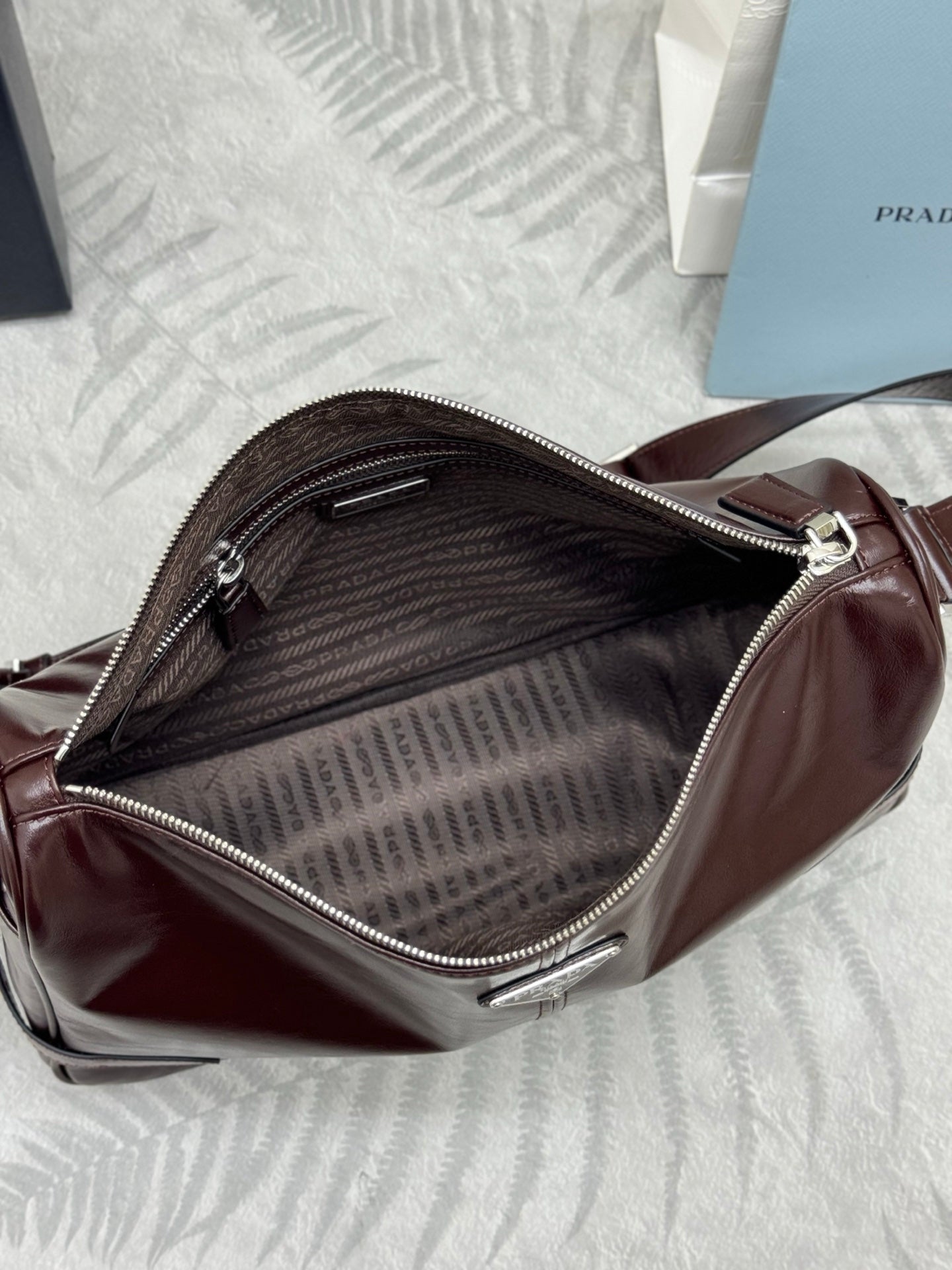 PRADA 25S SHOULDER BAG 35 IN RK BROWN CALFSKIN SILVER HARDWRE
