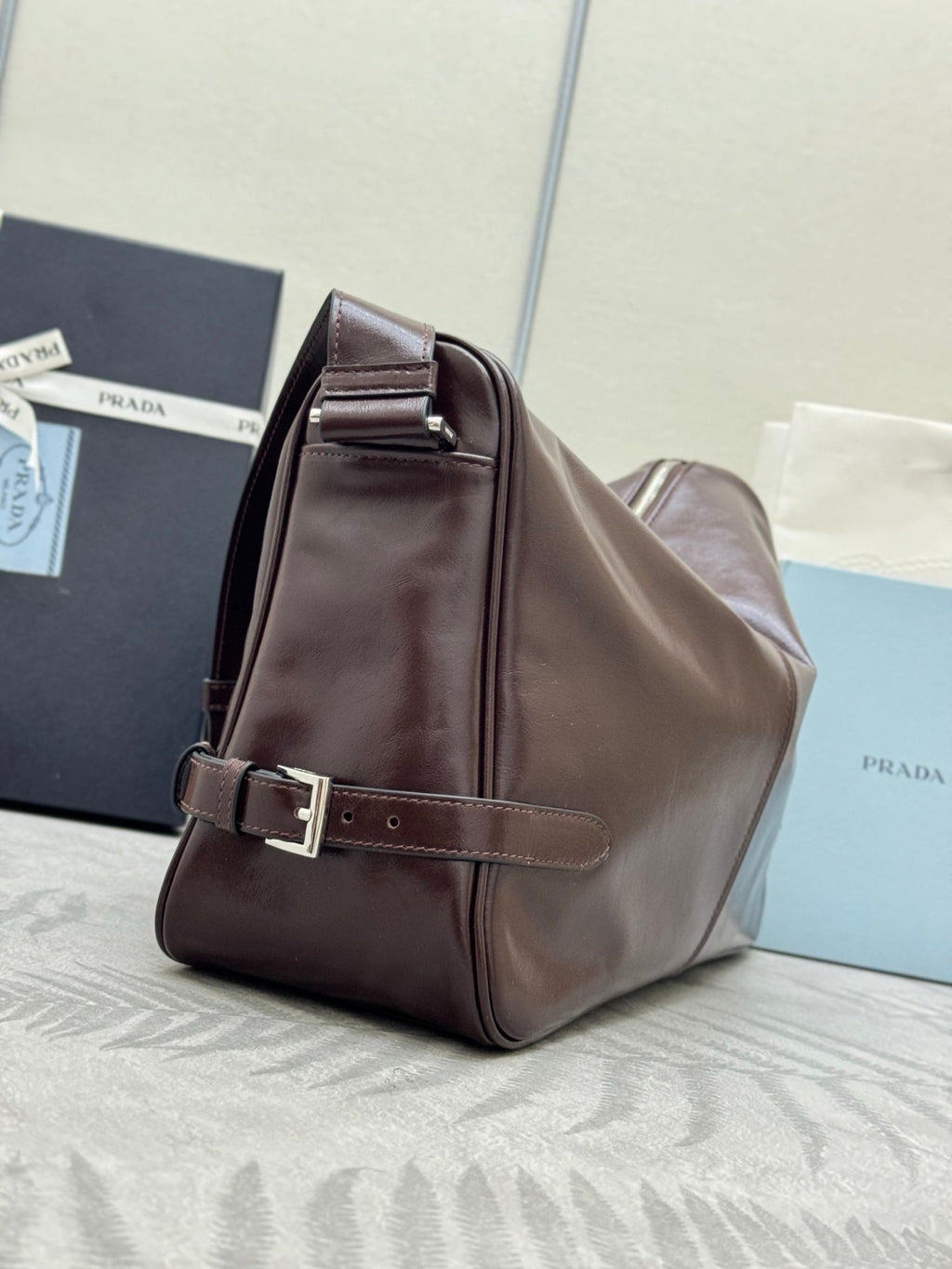 PRADA 25S SHOULDER BAG 35 IN RK BROWN CALFSKIN SILVER HARDWARE