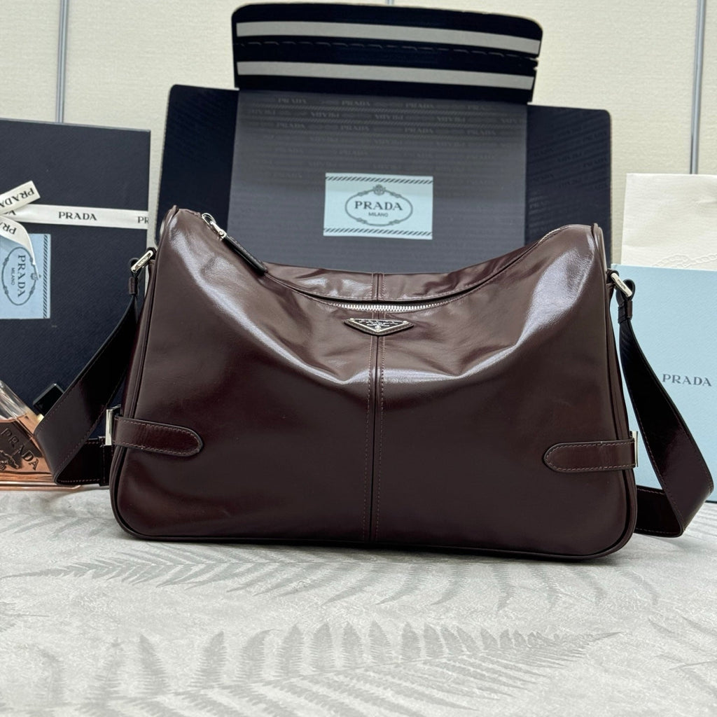 PRADA 25S SHOULDER BAG 35 IN RK BROWN CALFSKIN SILVER HARDWRE
