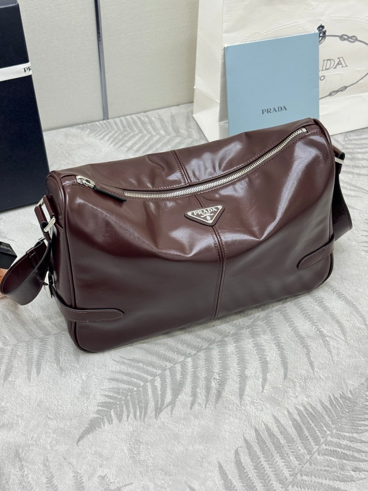 PRADA 25S SHOULDER BAG 35 IN RK BROWN CALFSKIN SILVER HARDWRE
