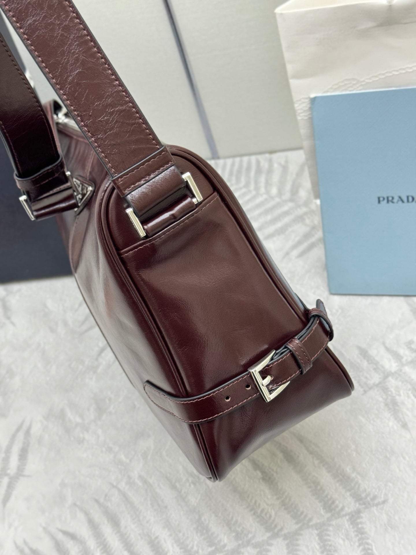 PRADA 25S SHOULDER BAG 35 IN RK BROWN CALFSKIN SILVER HARDWRE