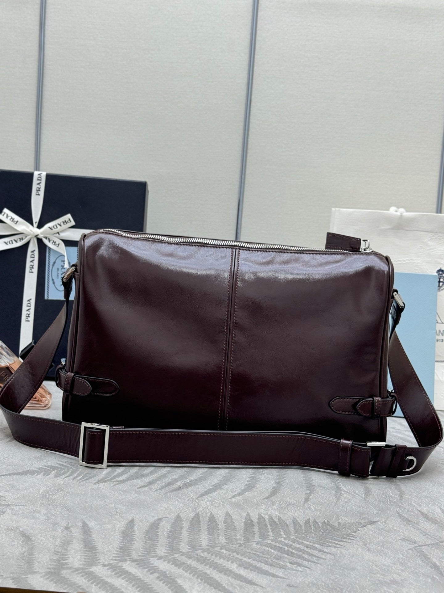 PRADA 25S SHOULDER BAG 35 IN RK BROWN CALFSKIN SILVER HARDWRE