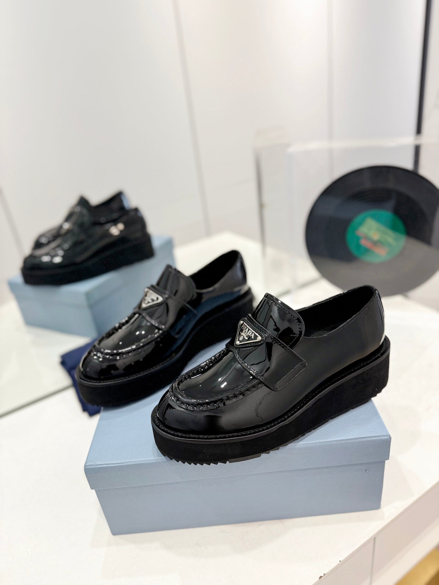 PRADA BRUSHED LOAFERS GLOSSY BLACK LAMBSKIN