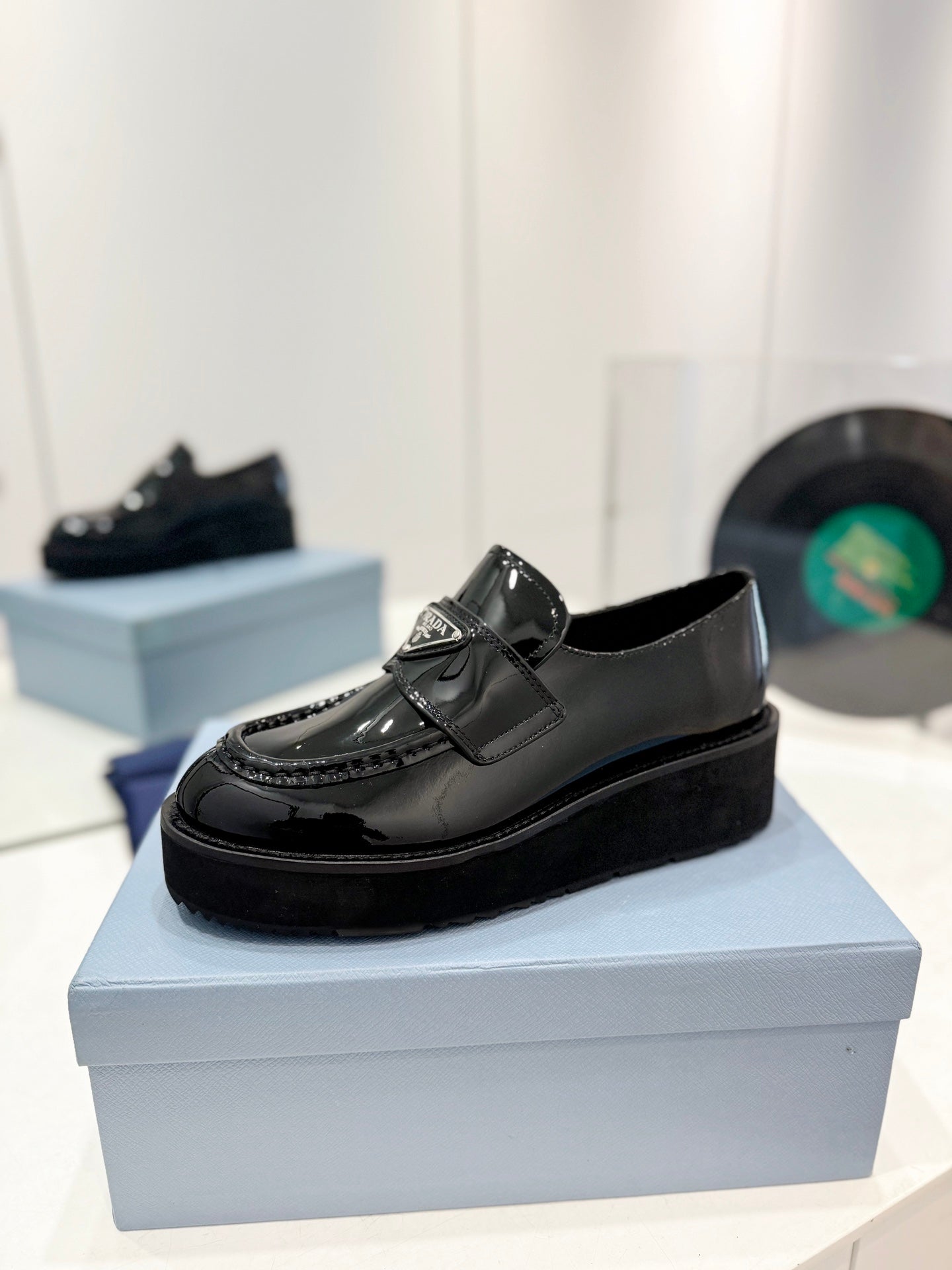 PRADA BRUSHED LOAFERS GLOSSY BLACK LAMBSKIN
