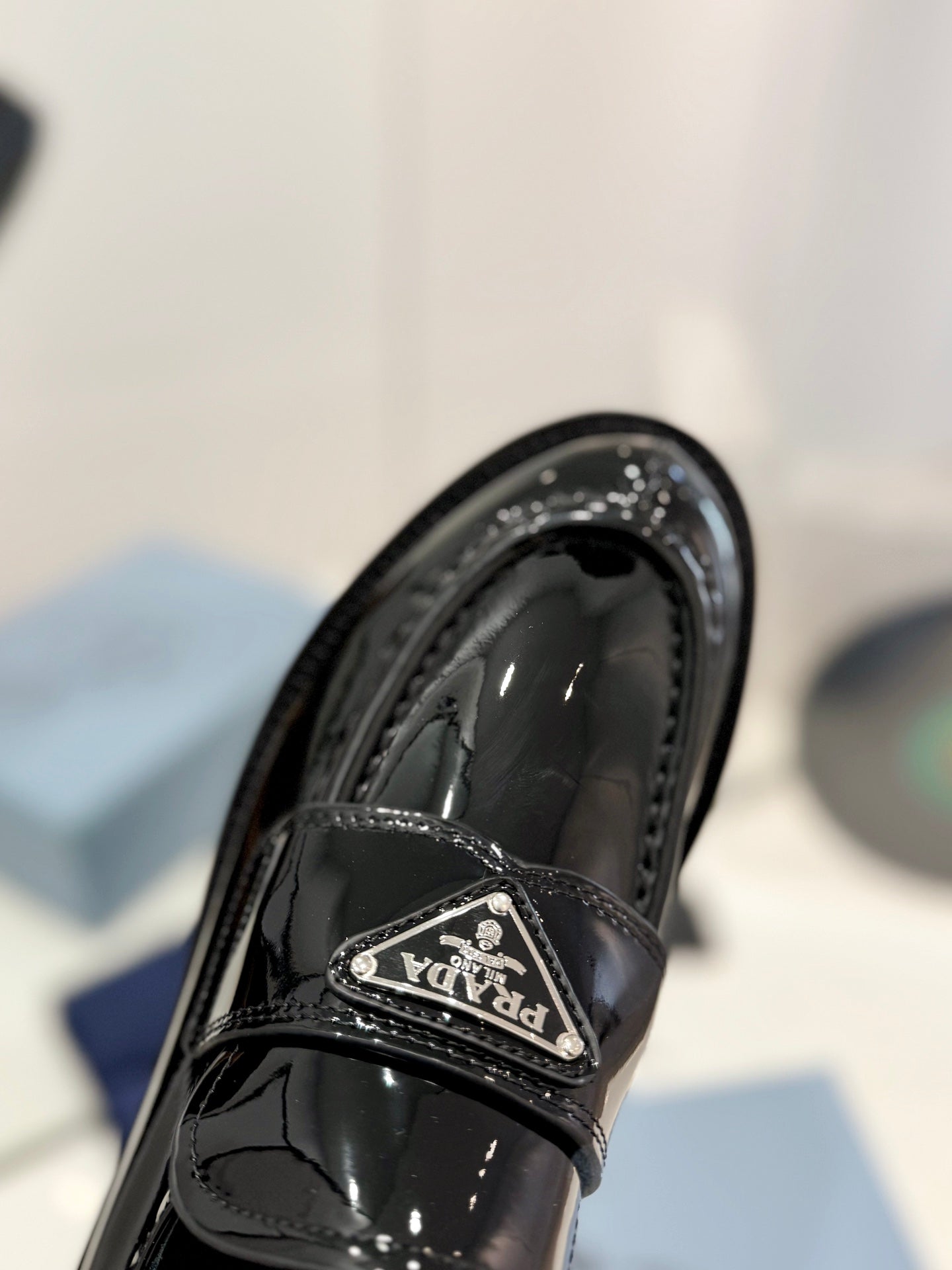 PRADA BRUSHED LOAFERS GLOSSY BLACK LAMBSKIN