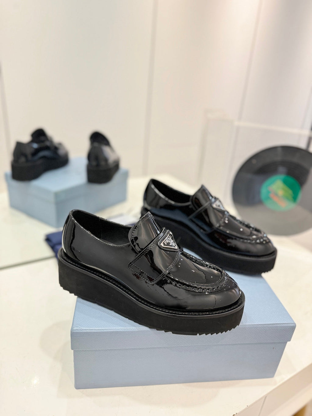 PRADA BRUSHED LOAFERS GLOSSY BLACK LAMBSKIN