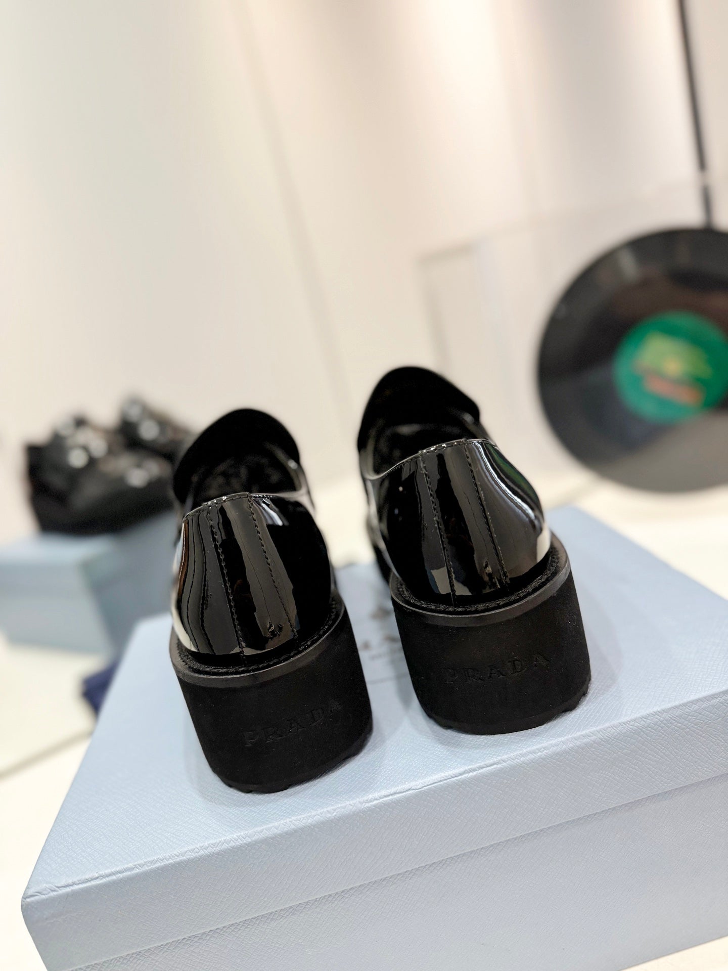 PRADA BRUSHED LOAFERS GLOSSY BLACK LAMBSKIN