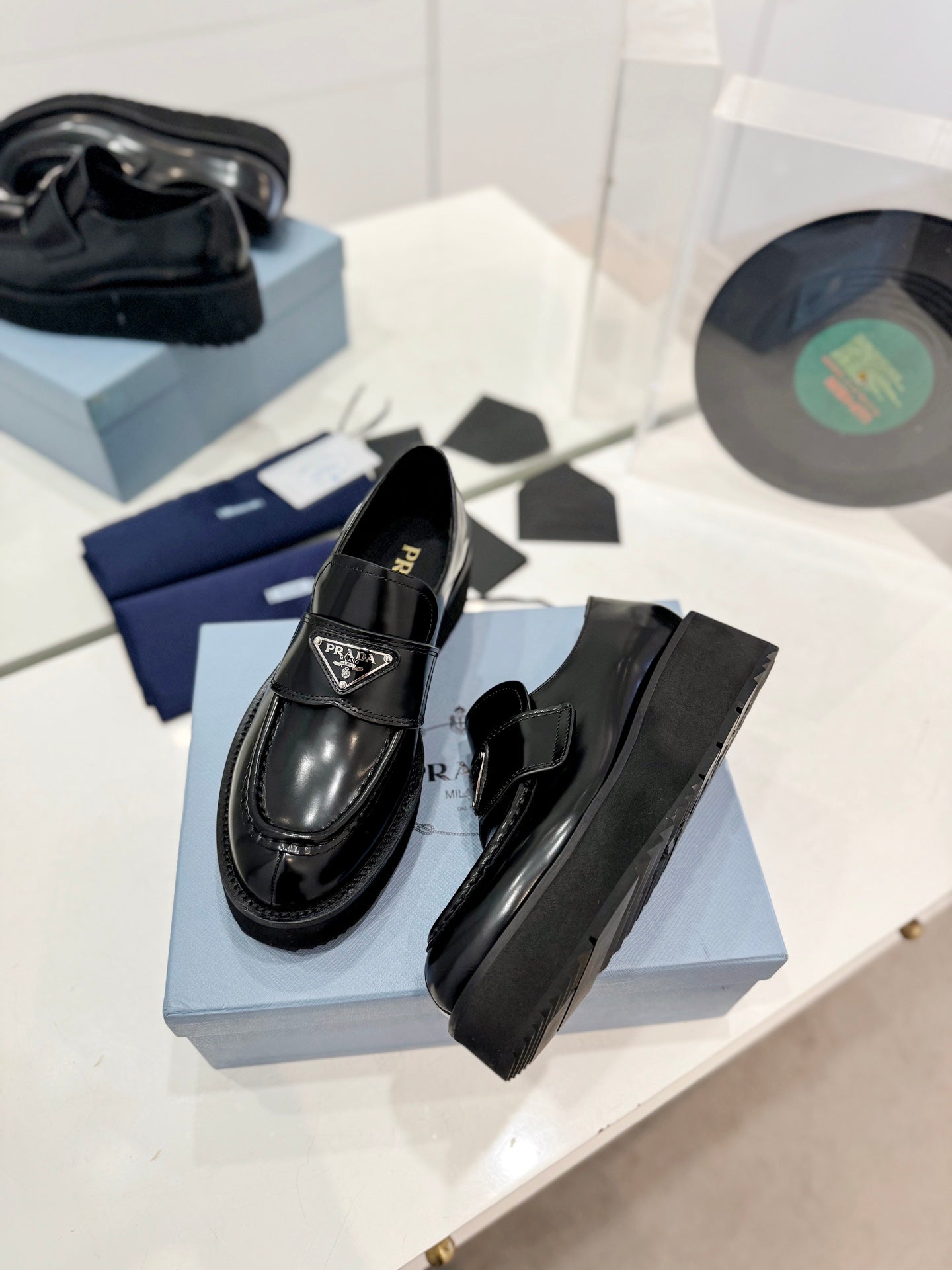 PRADA BRUSHED LOAFERS BLACK LAMBSKIN