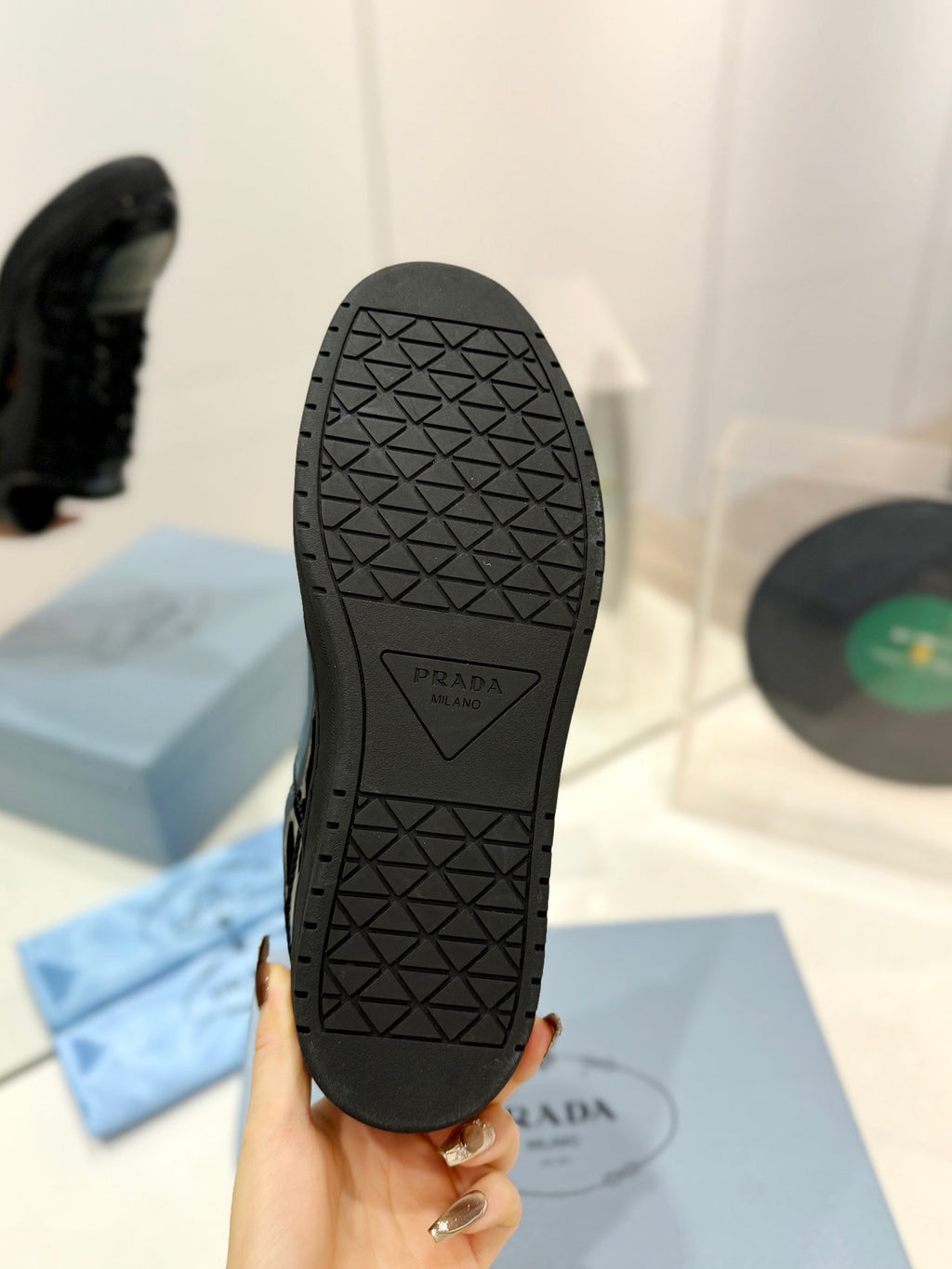 PRADA DOWNTOWN PERFORATED SNEAKERS GLOSSY BLACK CALFSKIN