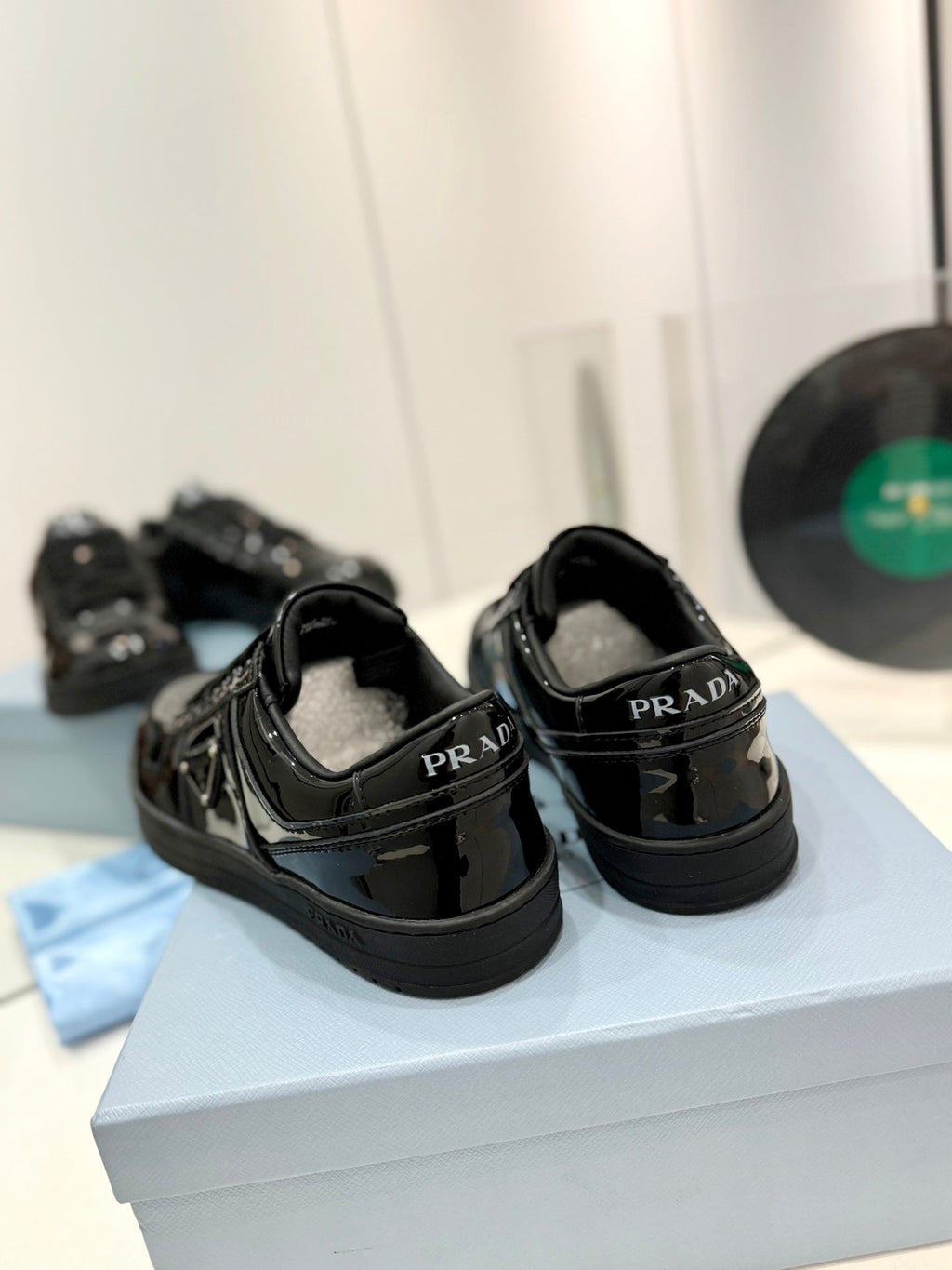 PRADA DOWNTOWN PERFORATED SNEAKERS GLOSSY BLACK CALFSKIN