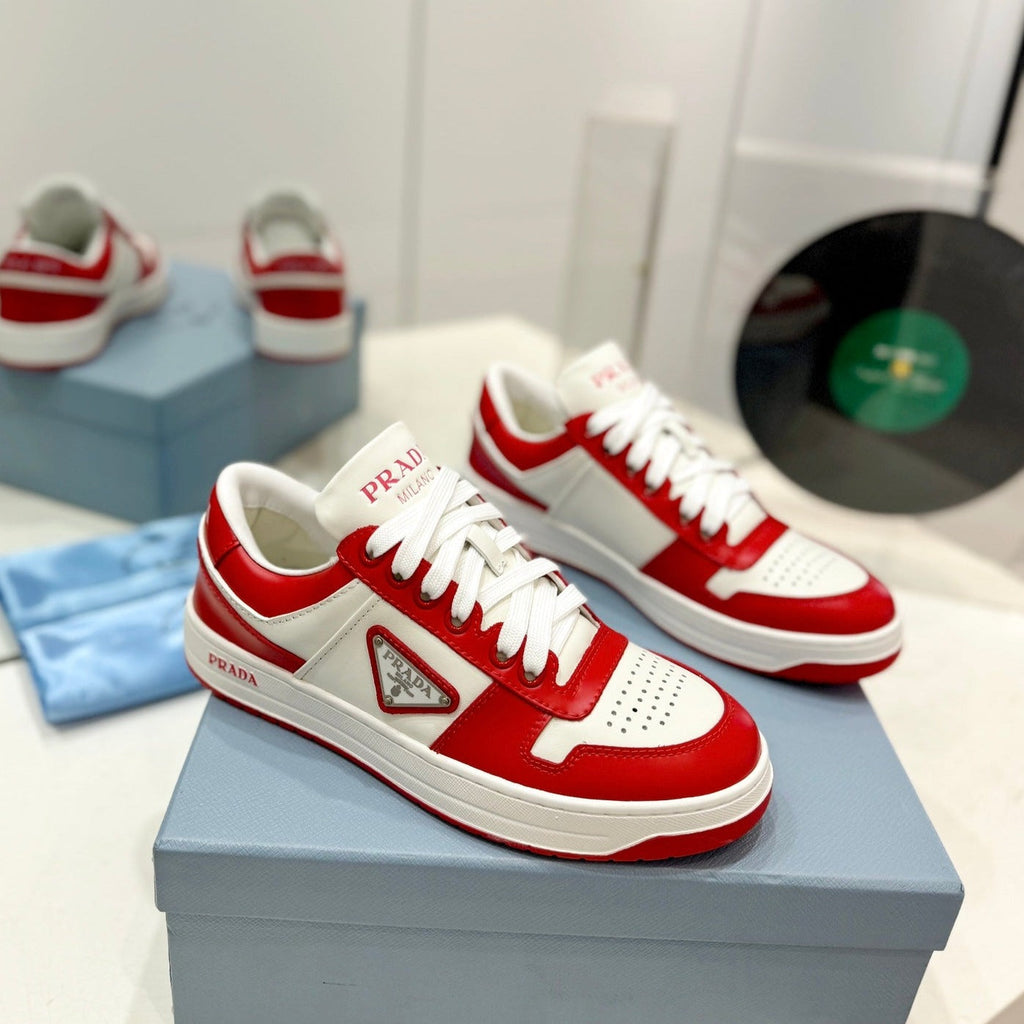 PRADA DOWNTOWN PERFORATED SNEAKERS WHITE AND RED CALFSKIN