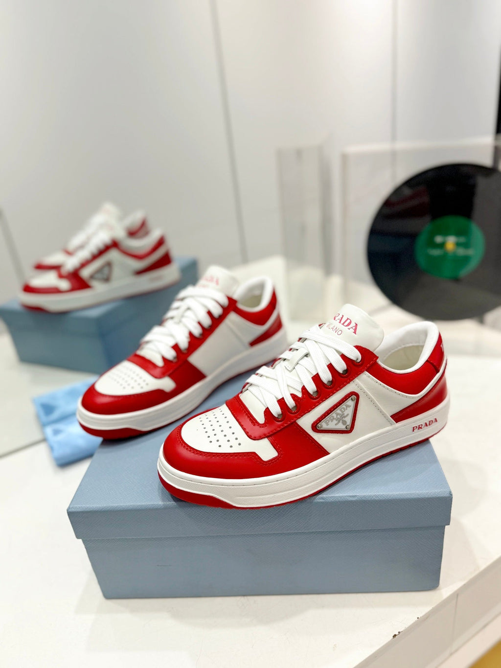 PRADA DOWNTOWN PERFORATED SNEAKERS WHITE AND RED CALFSKIN