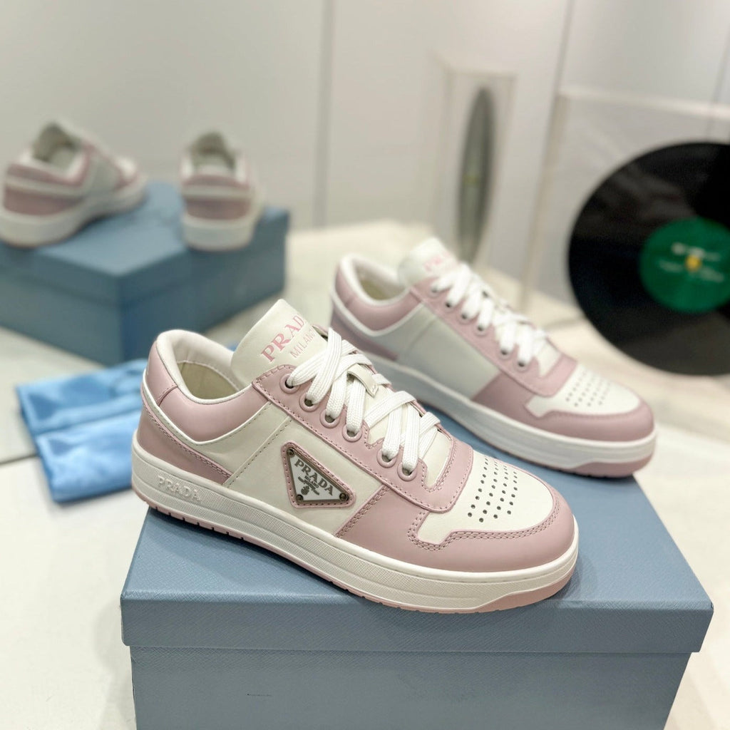 PRADA DOWNTOWN PERFORATED SNEAKERS WHITE AND BLUSH CALFSKIN