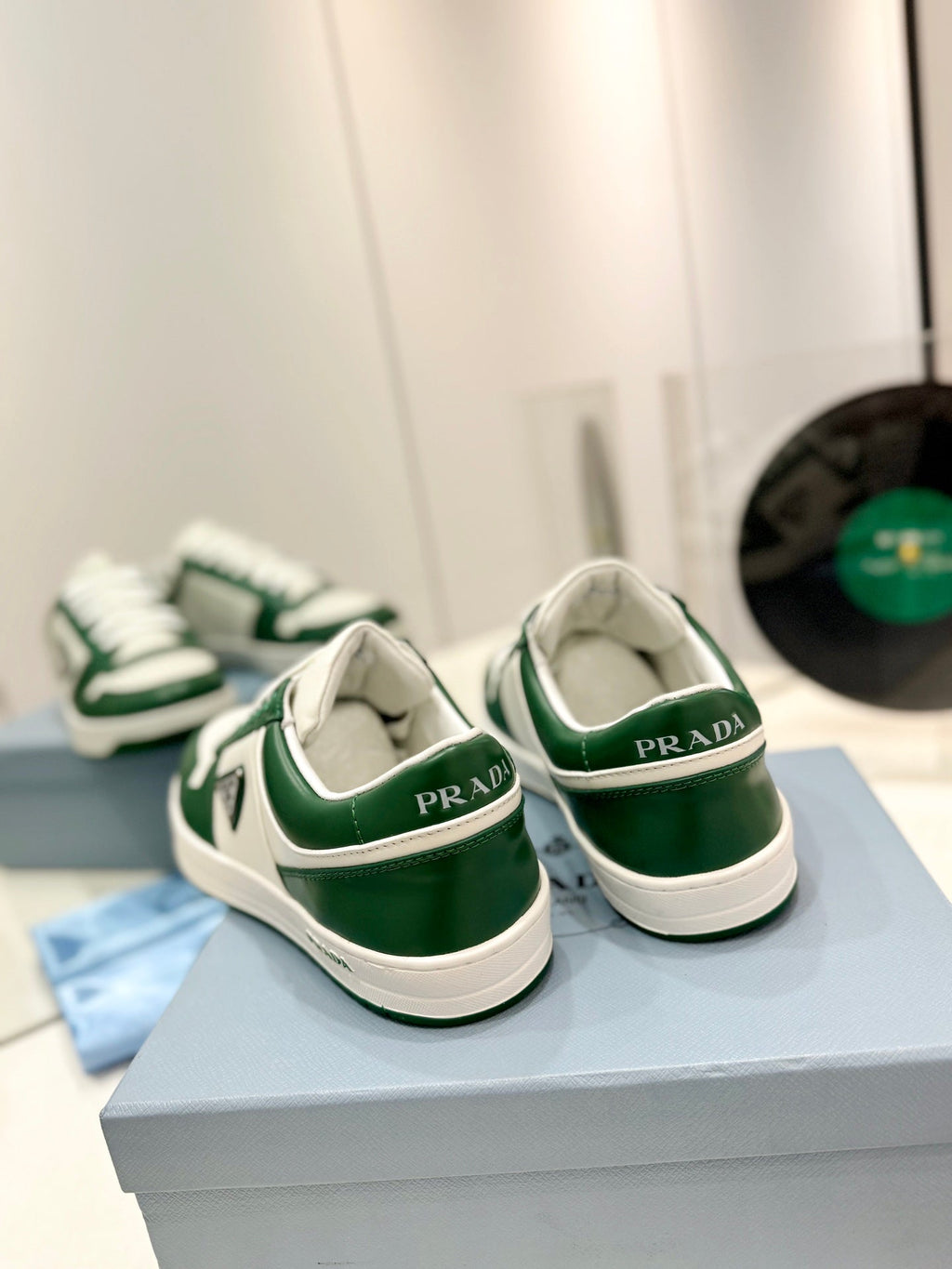 PRADA DOWNTOWN PERFORATED SNEAKERS WHITE AND GREEN CALFSKIN