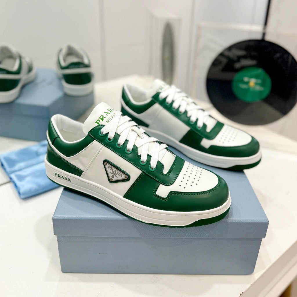 PRADA DOWNTOWN PERFORATED SNEAKERS WHITE AND GREEN CALFSKIN