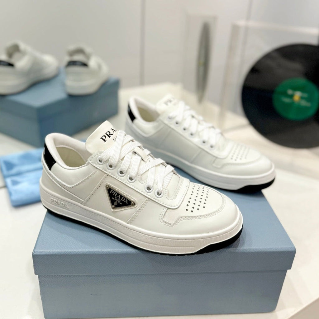PRADA DOWNTOWN PERFORATED SNEAKERS WHITE AND BLACK LOGO CALFSKIN