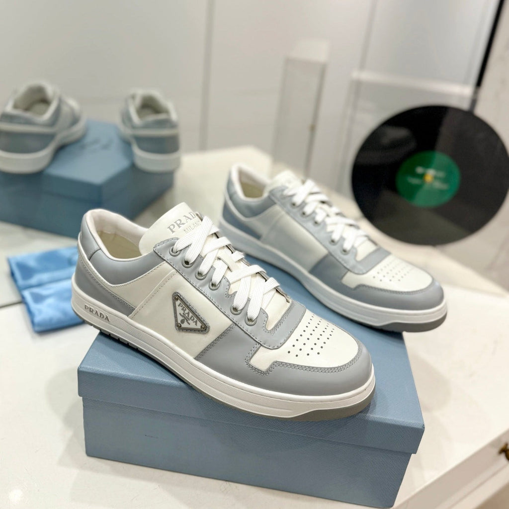 PRADA DOWNTOWN PERFORATED SNEAKERS WHITE AND GRAY CALFSKIN