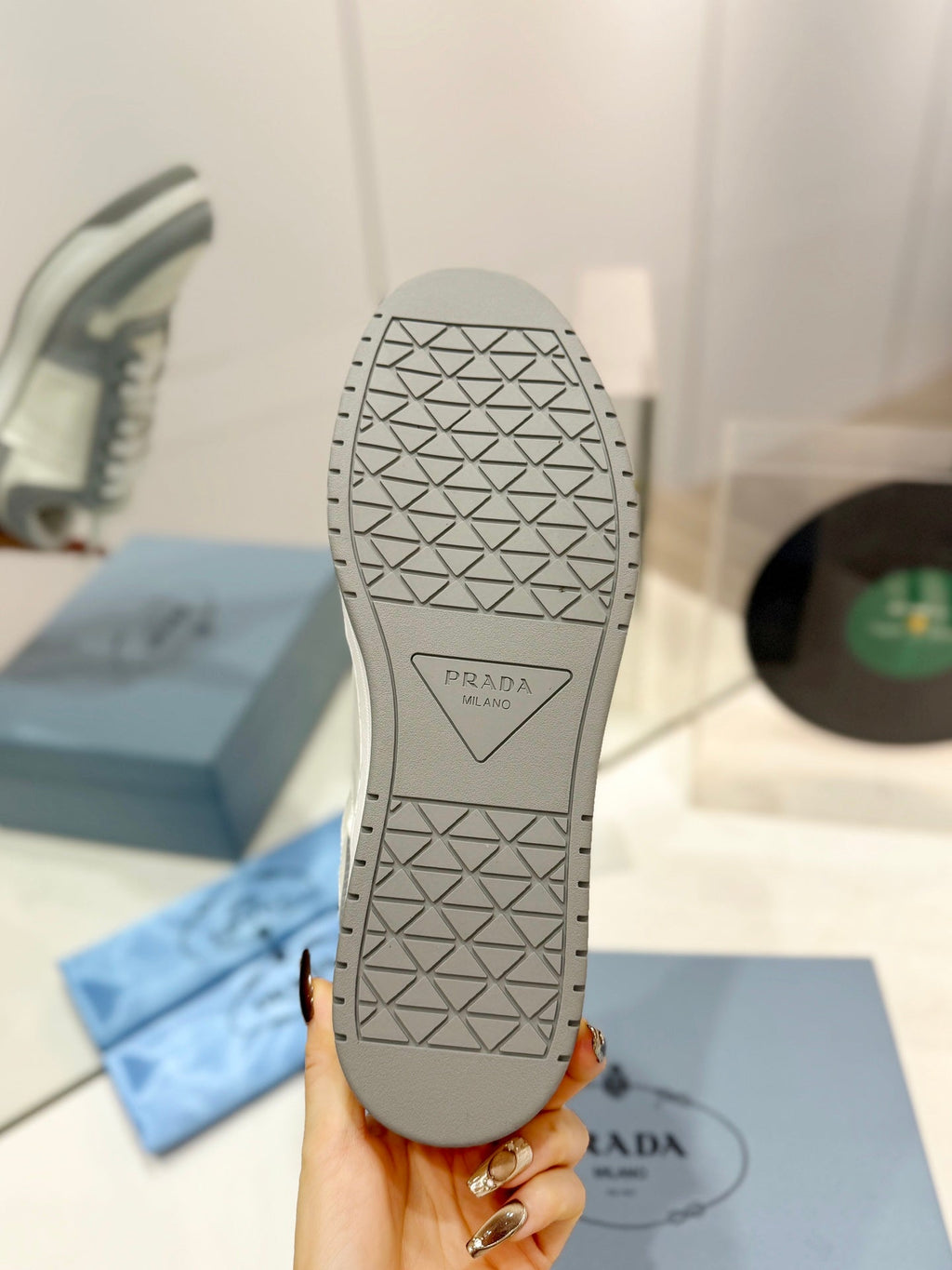 PRADA DOWNTOWN PERFORATED SNEAKERS WHITE AND GRAY CALFSKIN