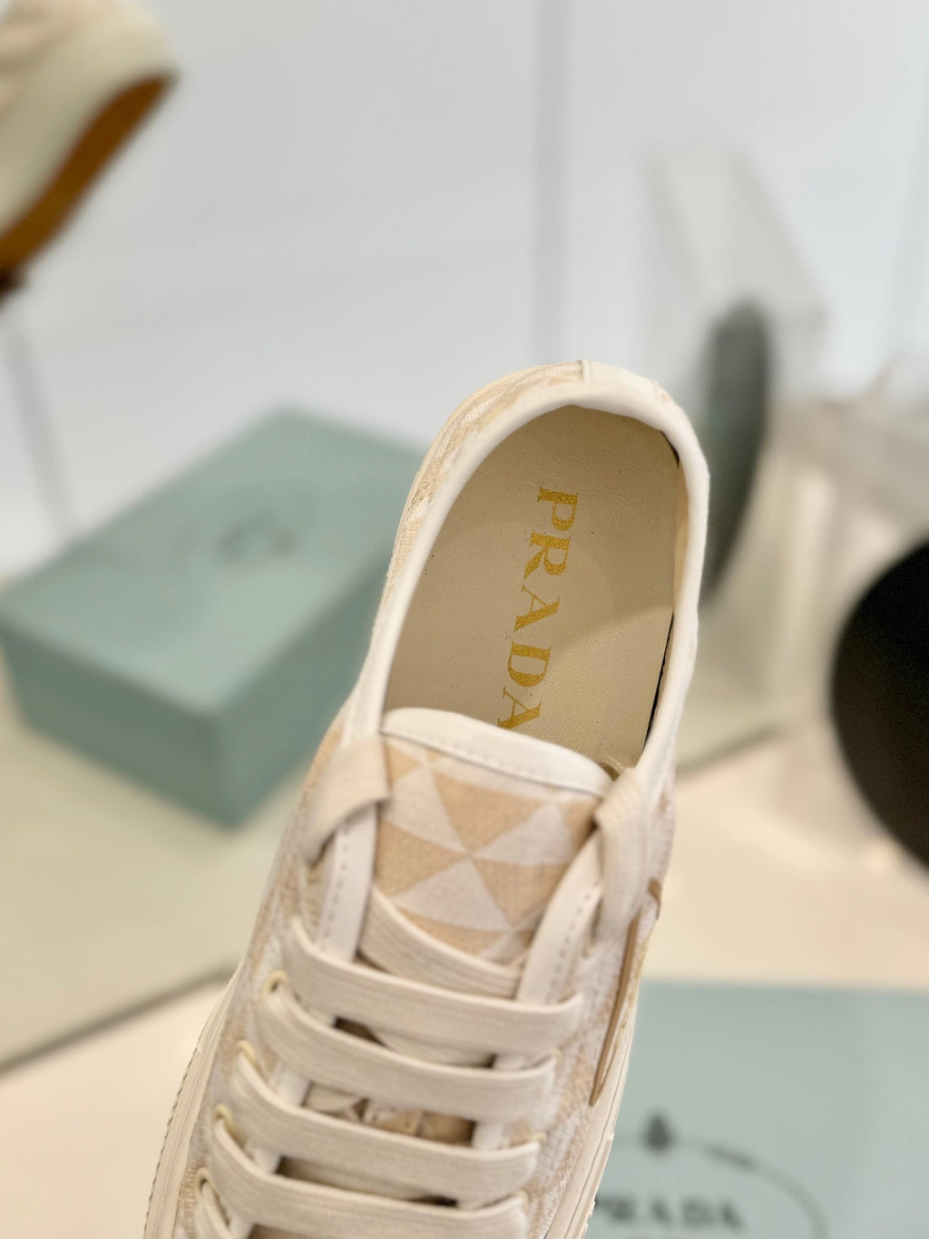 PRADA PRINTED COTTON SNEAKERS BEIGE AND NUDE TRIANGLE CANVAS