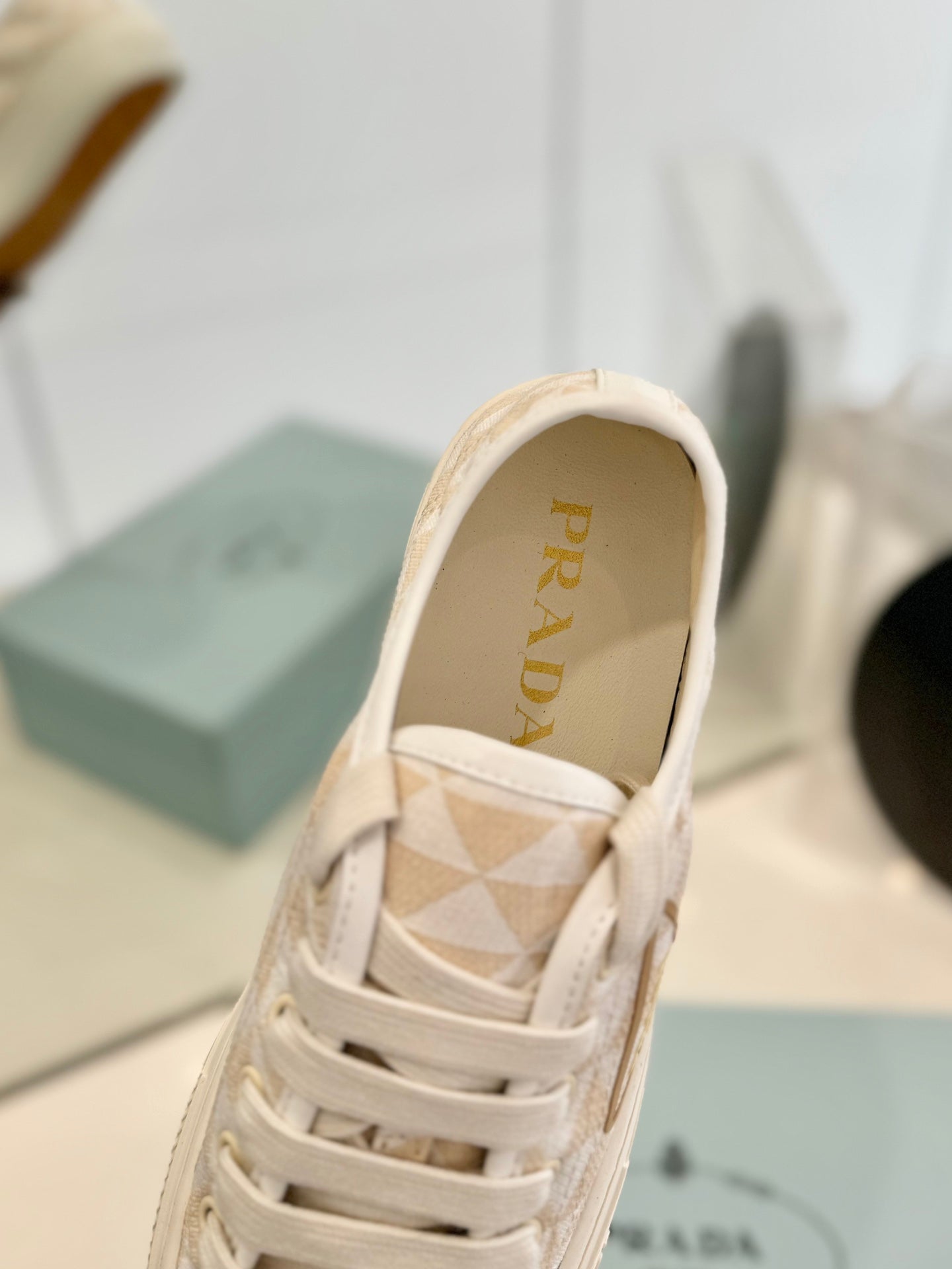 PRADA PRINTED COTTON SNEAKERS BEIGE AND NUDE TRIANGLE CANVAS