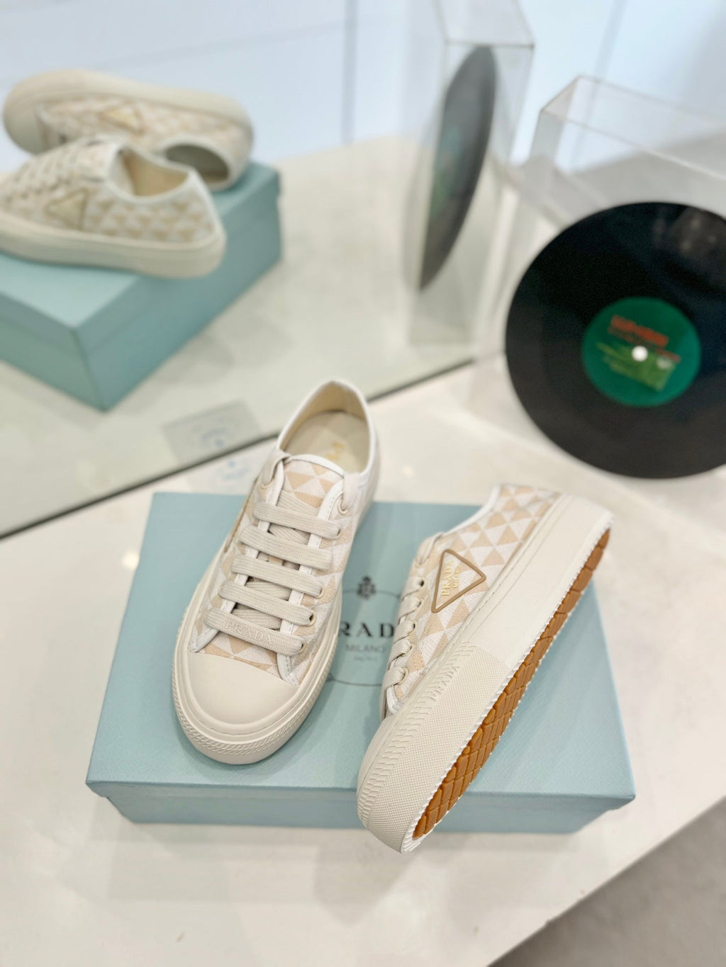 PRADA PRINTED COTTON SNEAKERS BEIGE AND NUDE TRIANGLE CANVAS