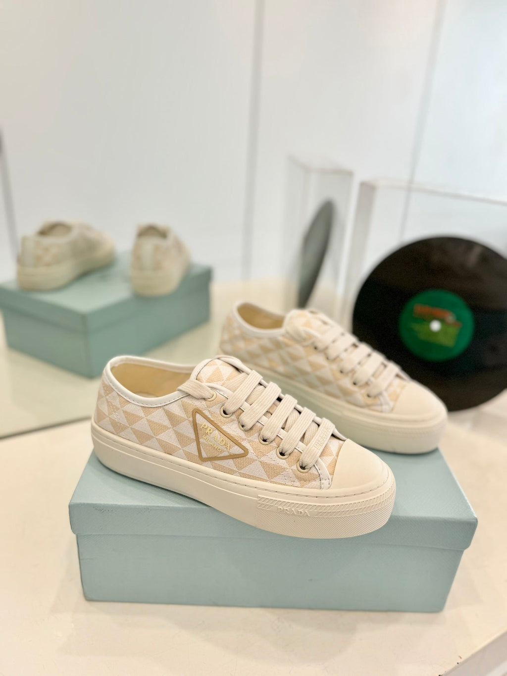 PRADA PRINTED COTTON SNEAKERS BEIGE AND NUDE TRIANGLE CANVAS
